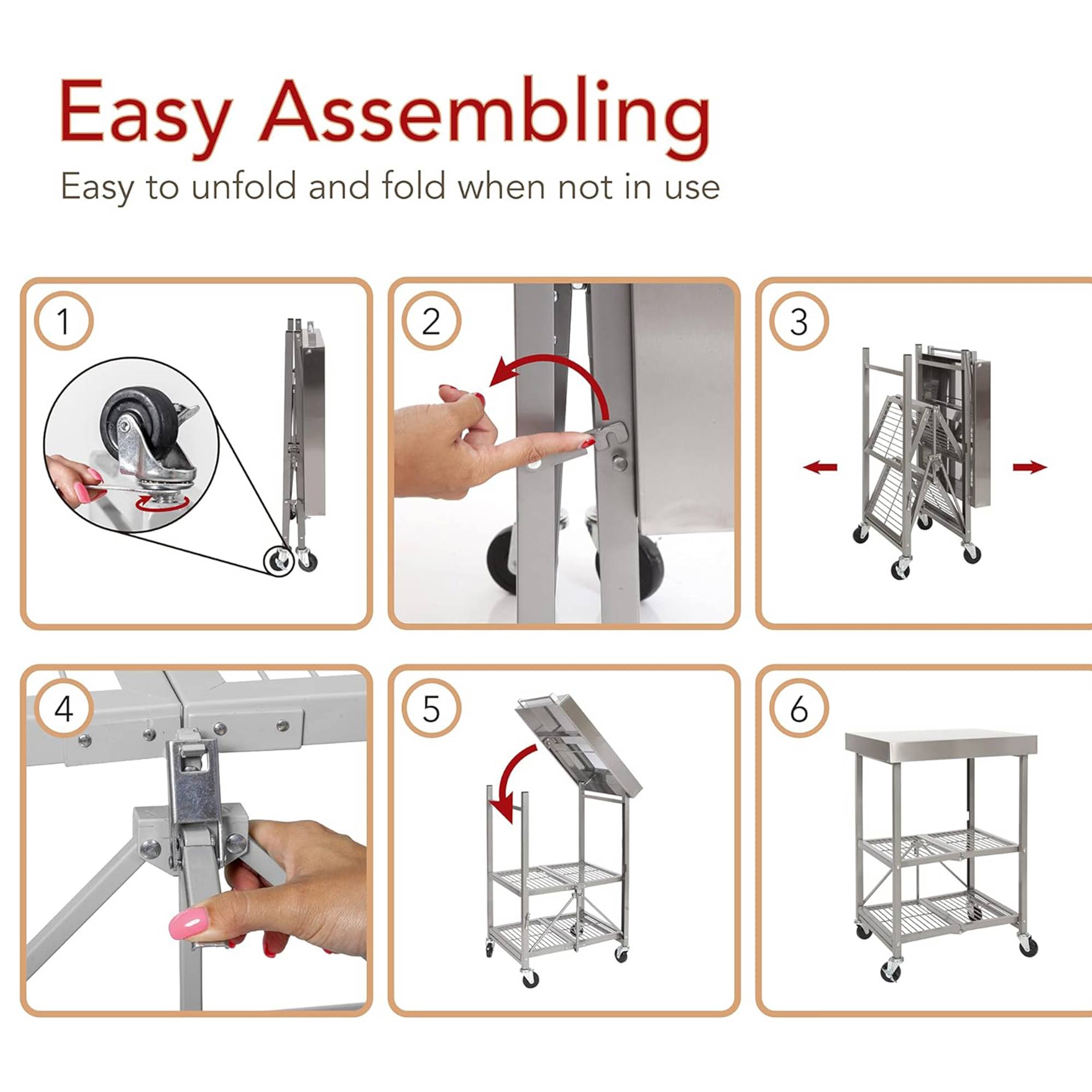 Origami RBT Fully Stainless Steel Foldable Kitchen Cart with Wheels, Silver - Smart-nests