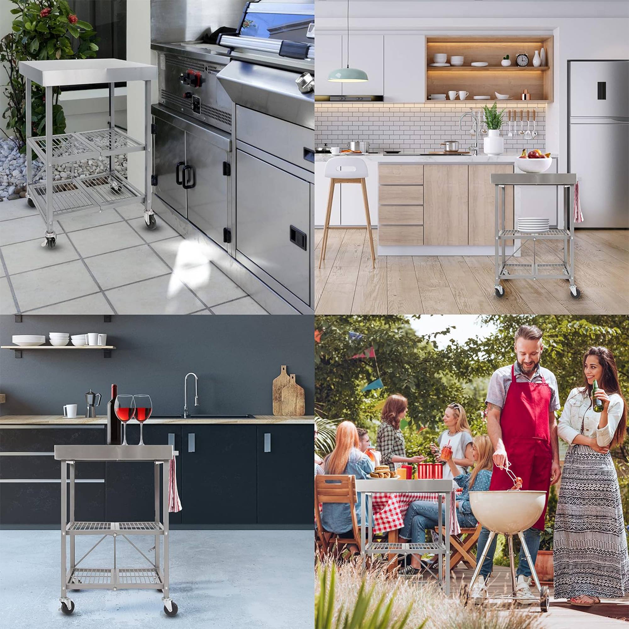 Origami RBT Fully Stainless Steel Foldable Kitchen Cart with Wheels, Silver - Smart-nests