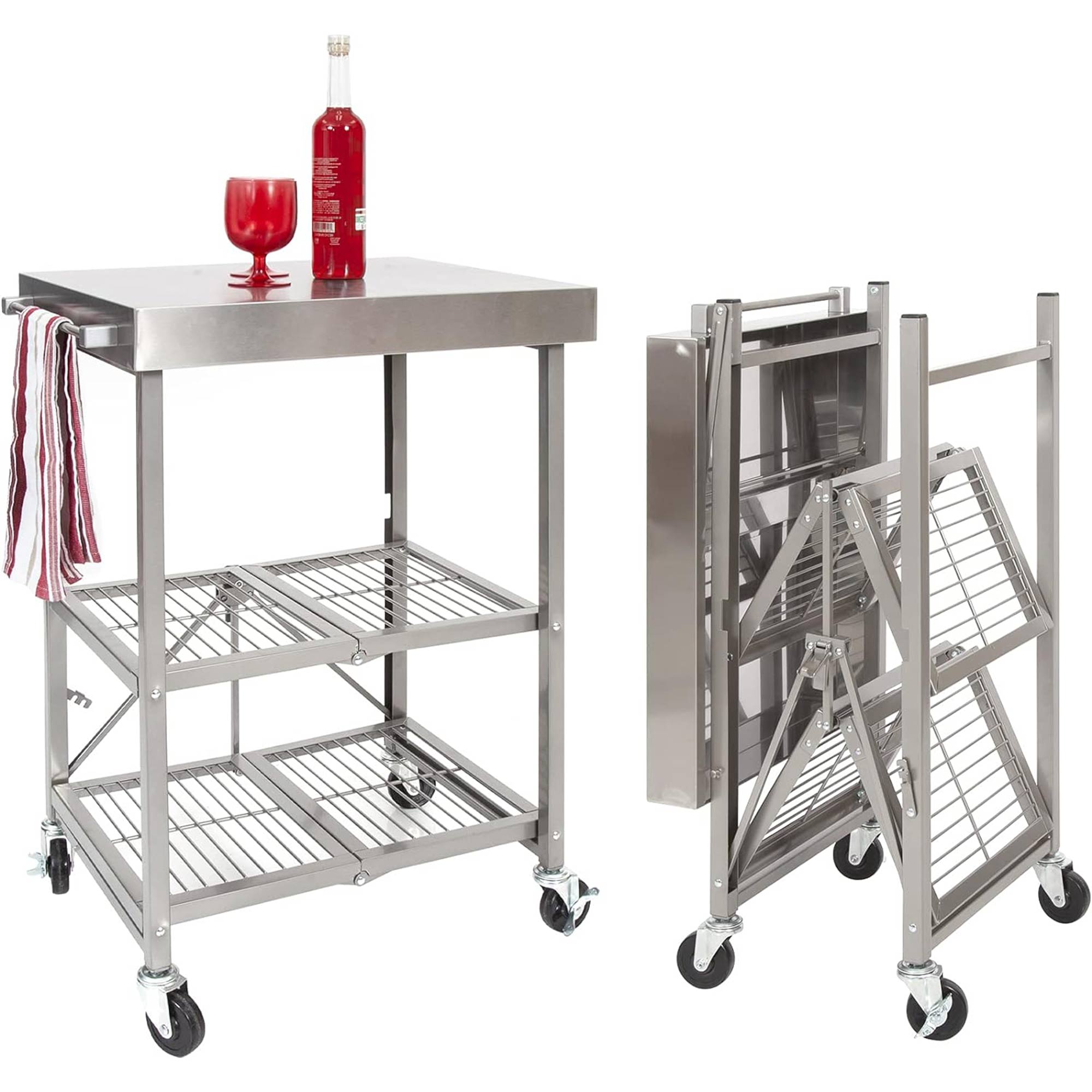 Origami RBT Fully Stainless Steel Foldable Kitchen Cart with Wheels, Silver - Smart-nests