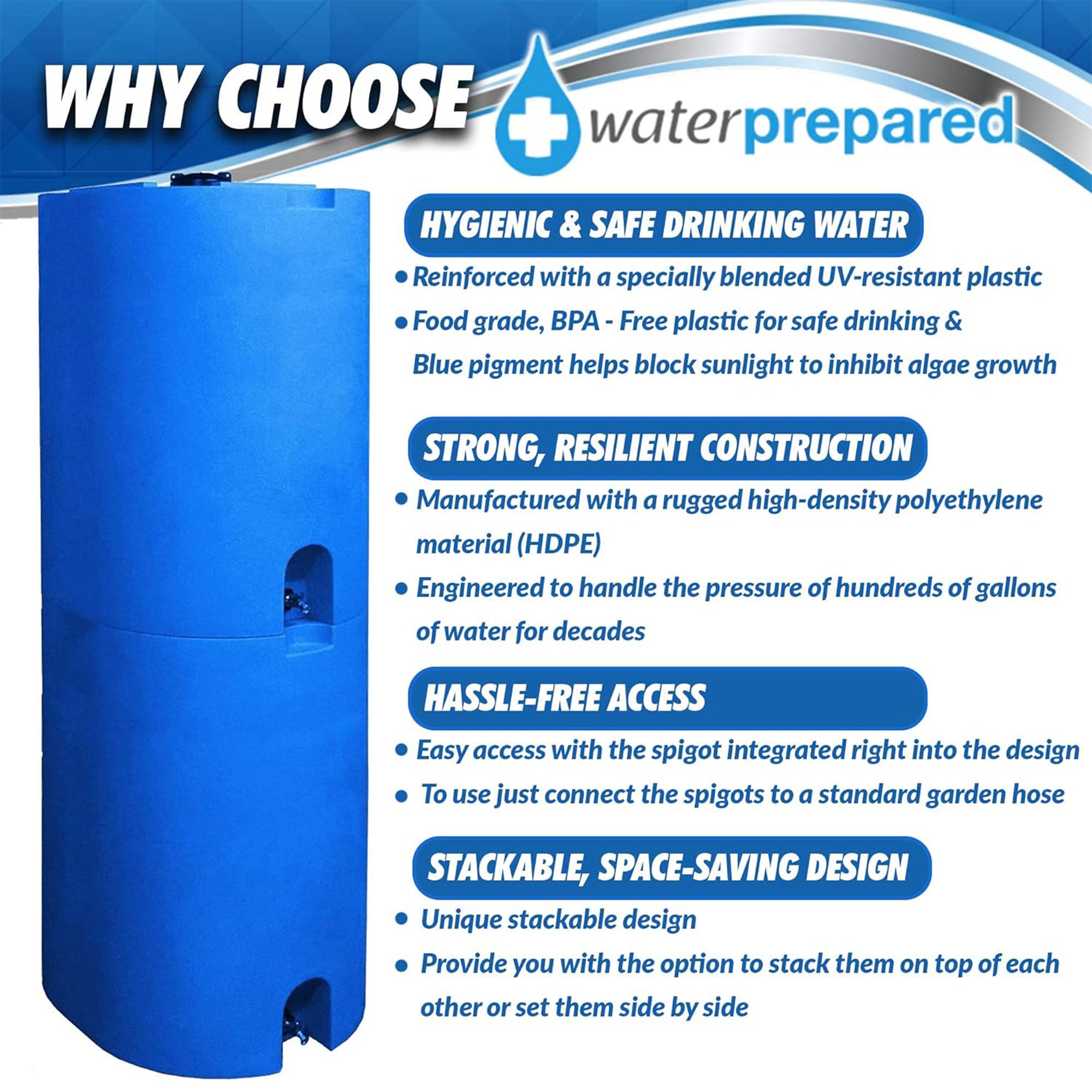 WaterPrepared 55 Gal Stackable Design Utility Water Tank with Large Cap (2 Pack)