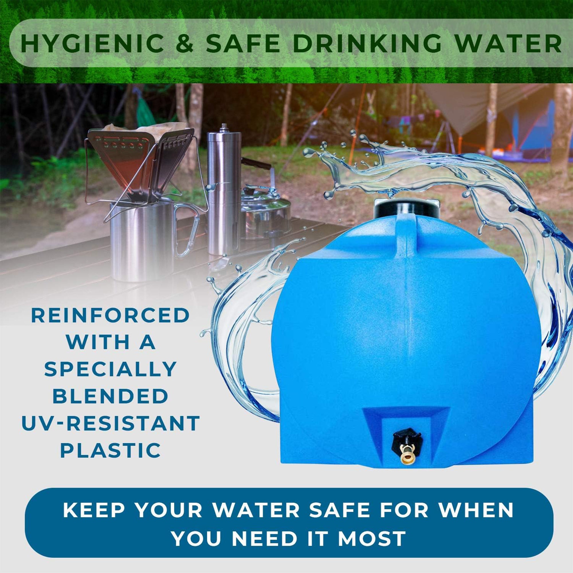 WaterPrepared 35 Gal Water Tank w/ Large Cap, Brass Spigot & Handles (2 Pack) - Smart-nests
