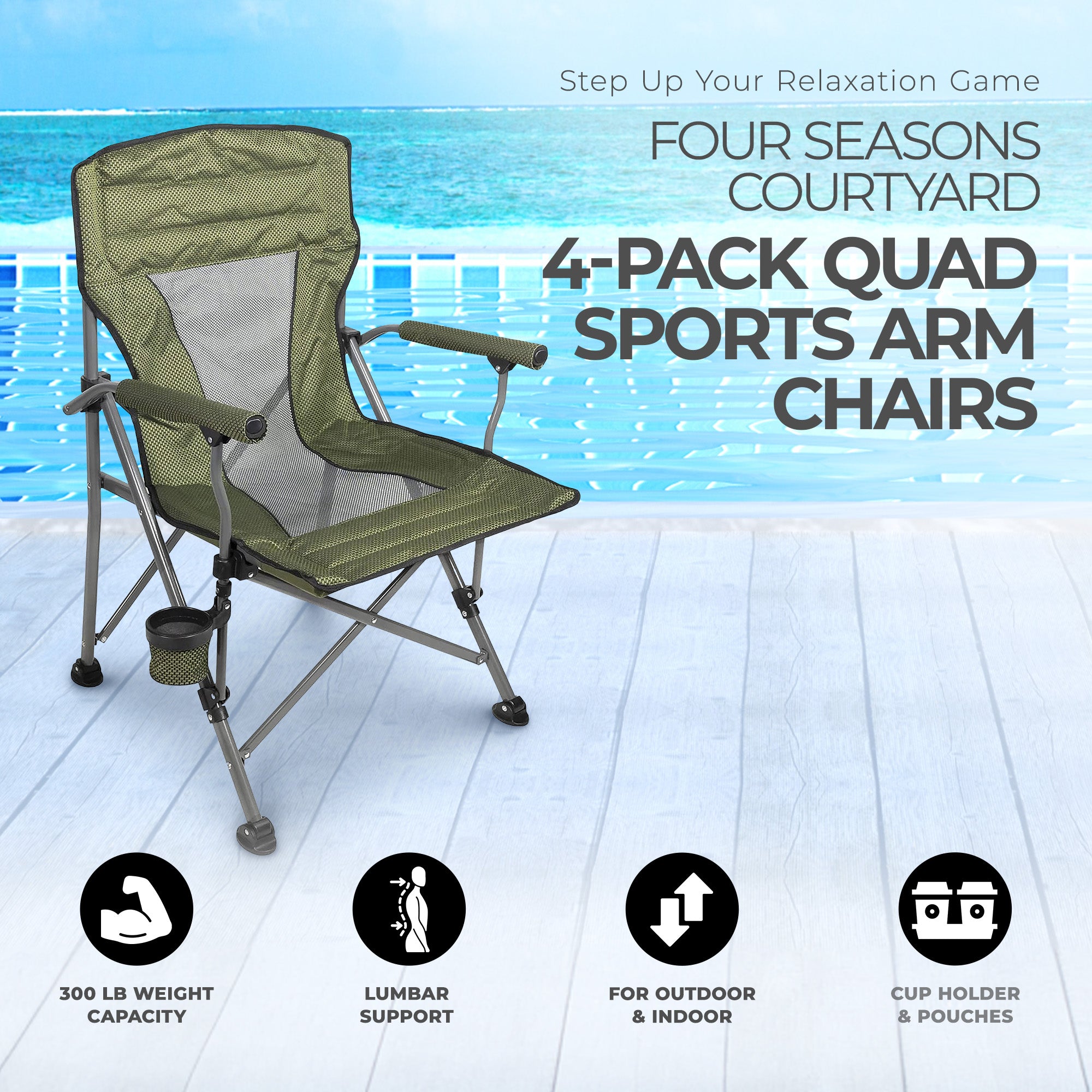 Four Seasons Courtyard Quad Sports Oversized Folding Arm Chairs, 4 Pack, Green - Smart-nests