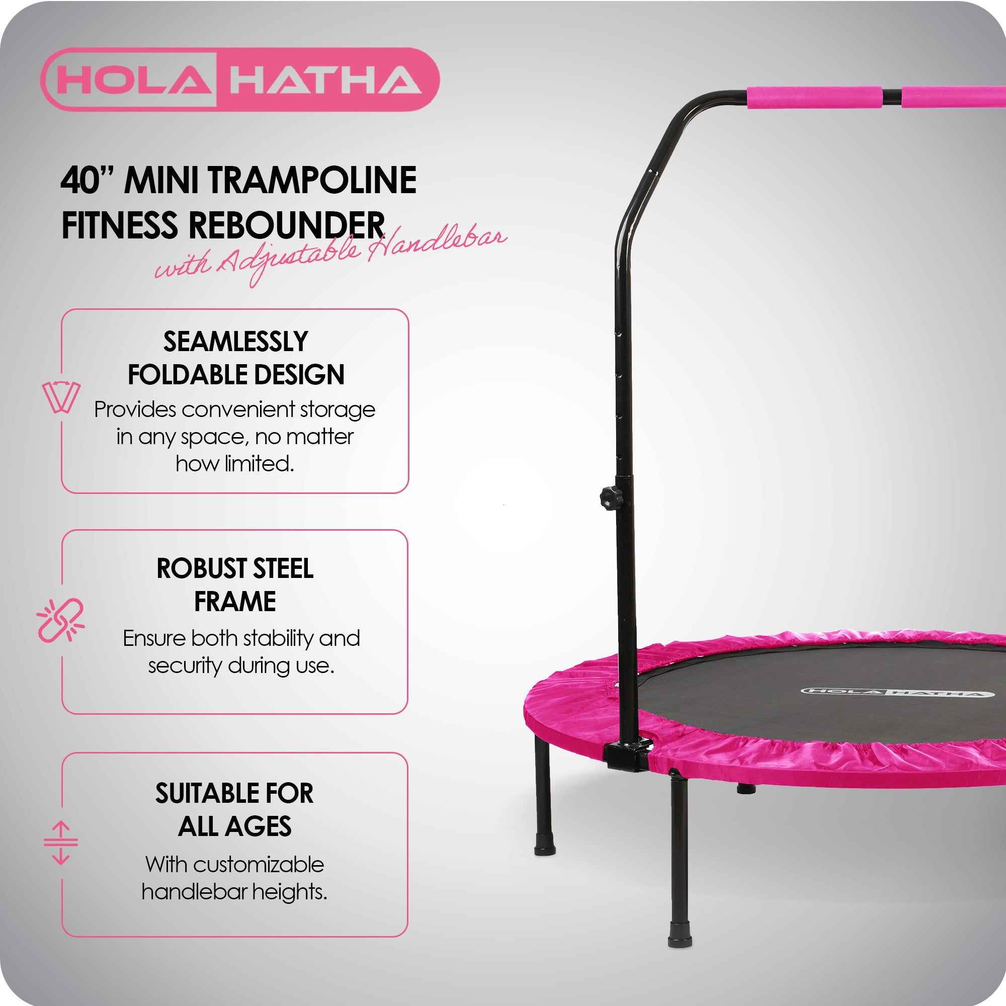 HolaHatha 40" Mini Trampoline Fitness Rebounder with Adjustable Handle, Pink - Smart-nests
