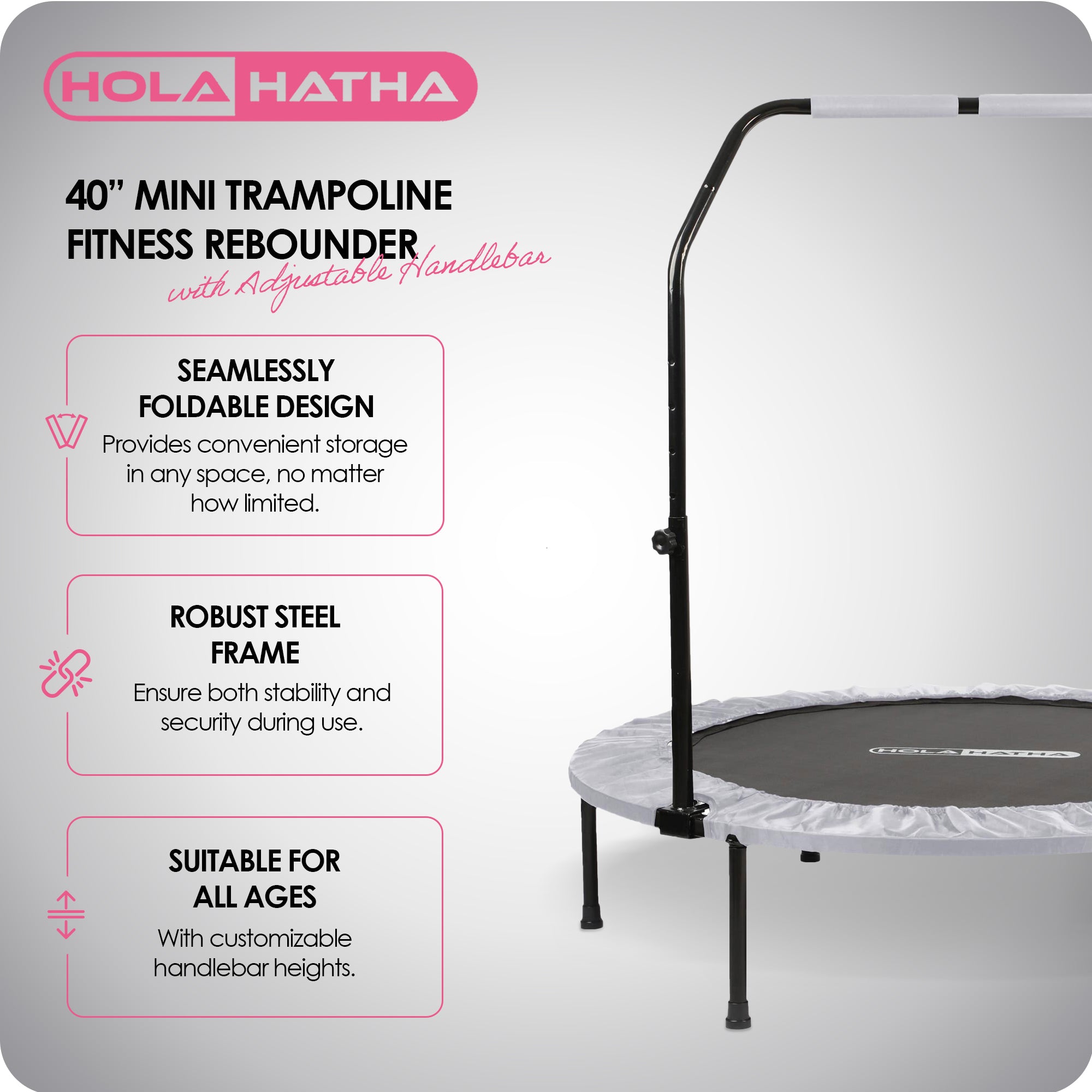 HolaHatha Foldable Mini Fitness Trampoline with Adjustable Handle, 40 in., White - Smart-nests