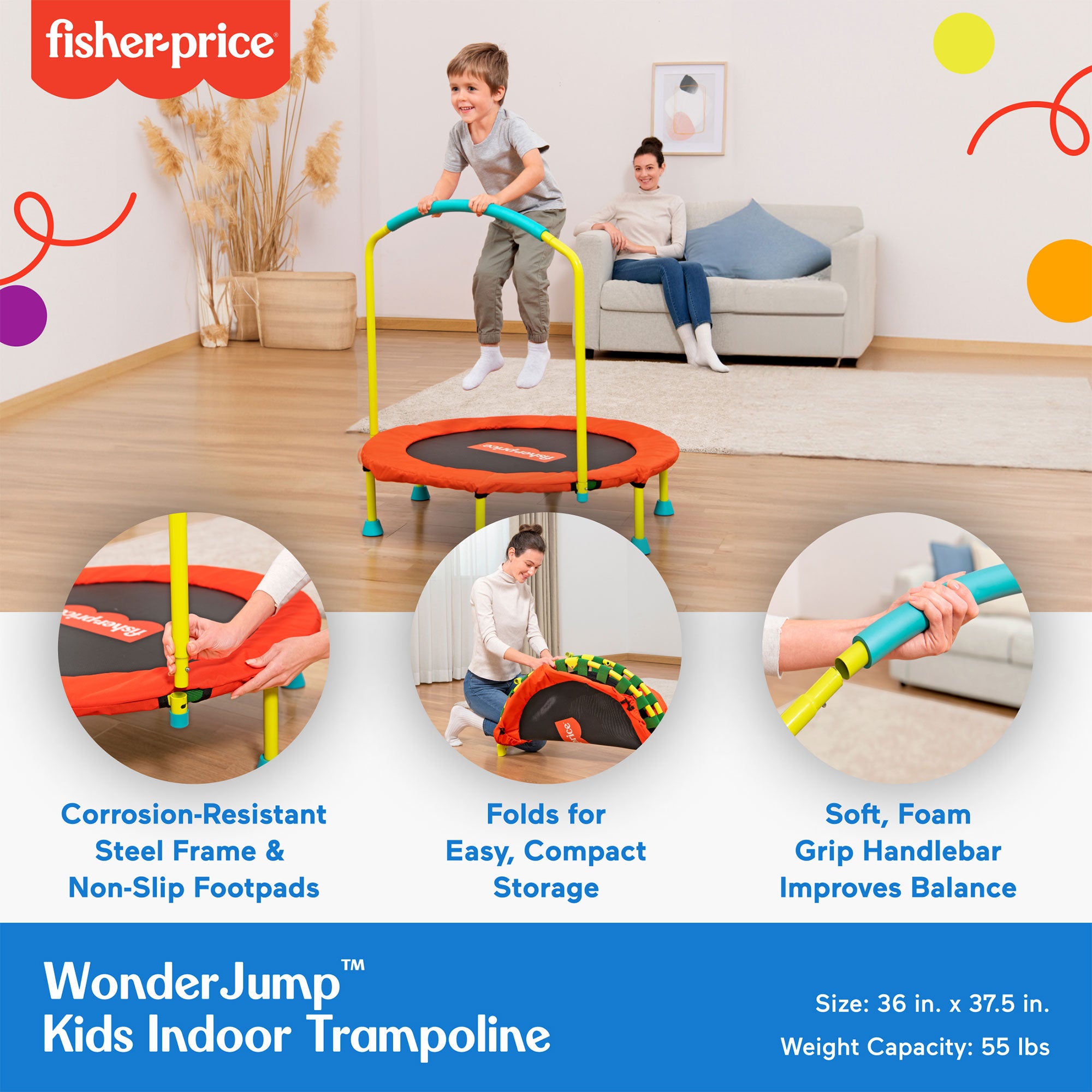 Fisher-Price WonderJump 36" Round Indoor Mini Trampoline Kids Toy, Multicolor - Smart-nests