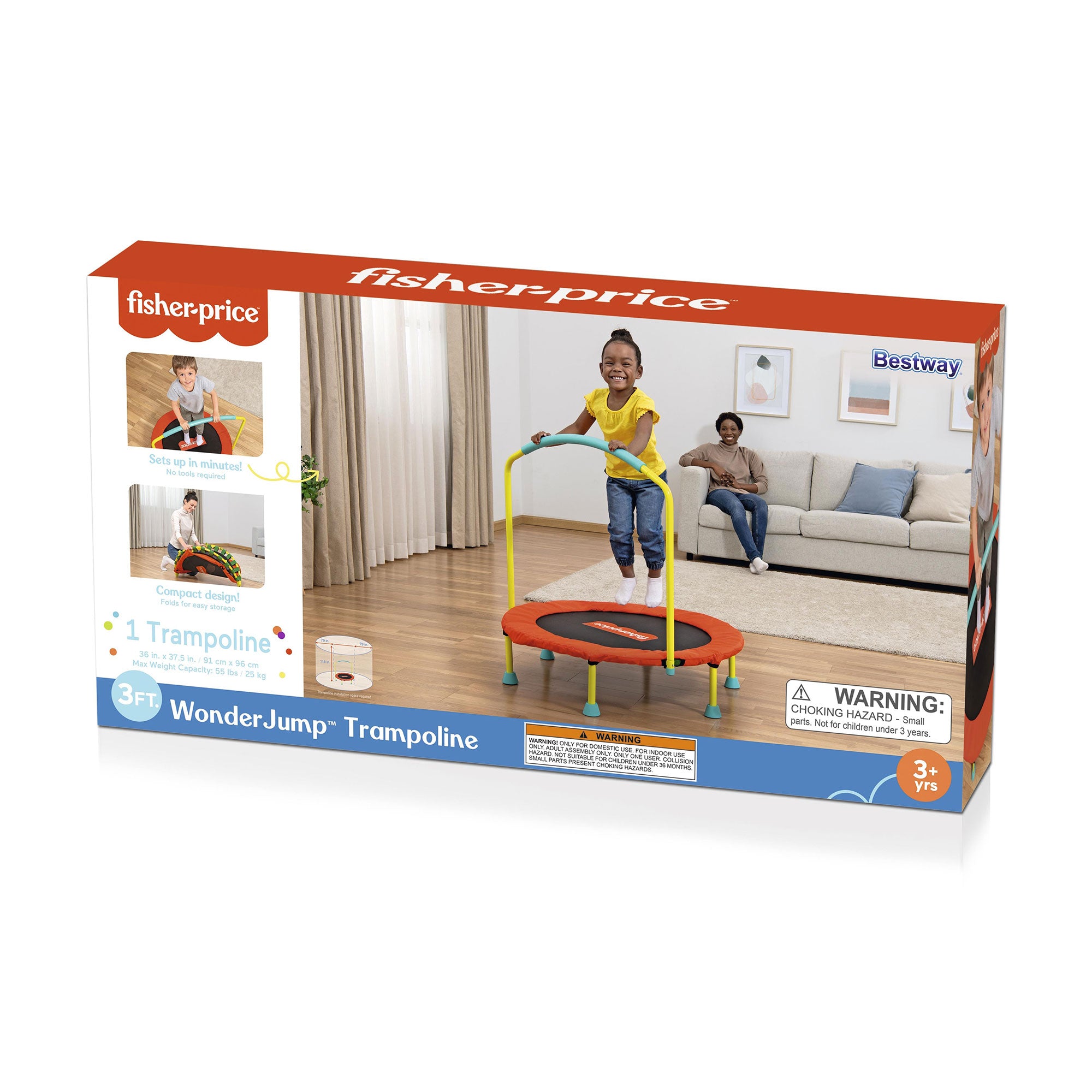 Fisher-Price WonderJump 36" Round Indoor Mini Trampoline Kids Toy, Multicolor - Smart-nests