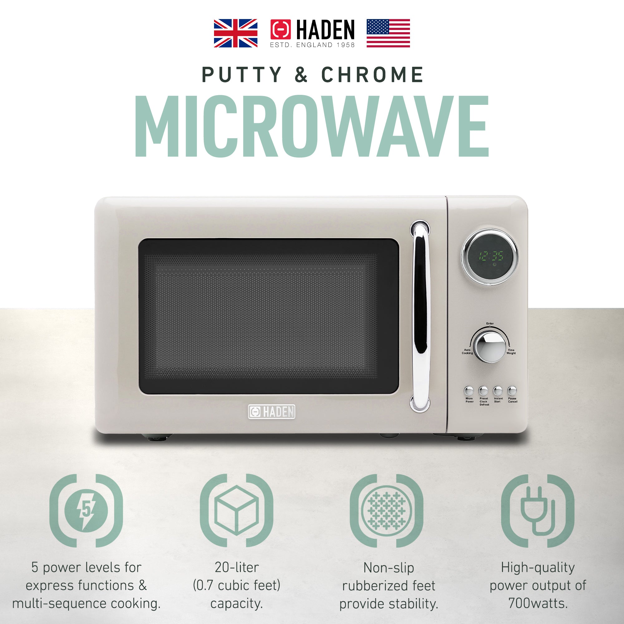 Haden 700 Watt 0.7 Cubic Foot Microwave Oven with Digital Controls, Putty/Chrome - Smart-nests