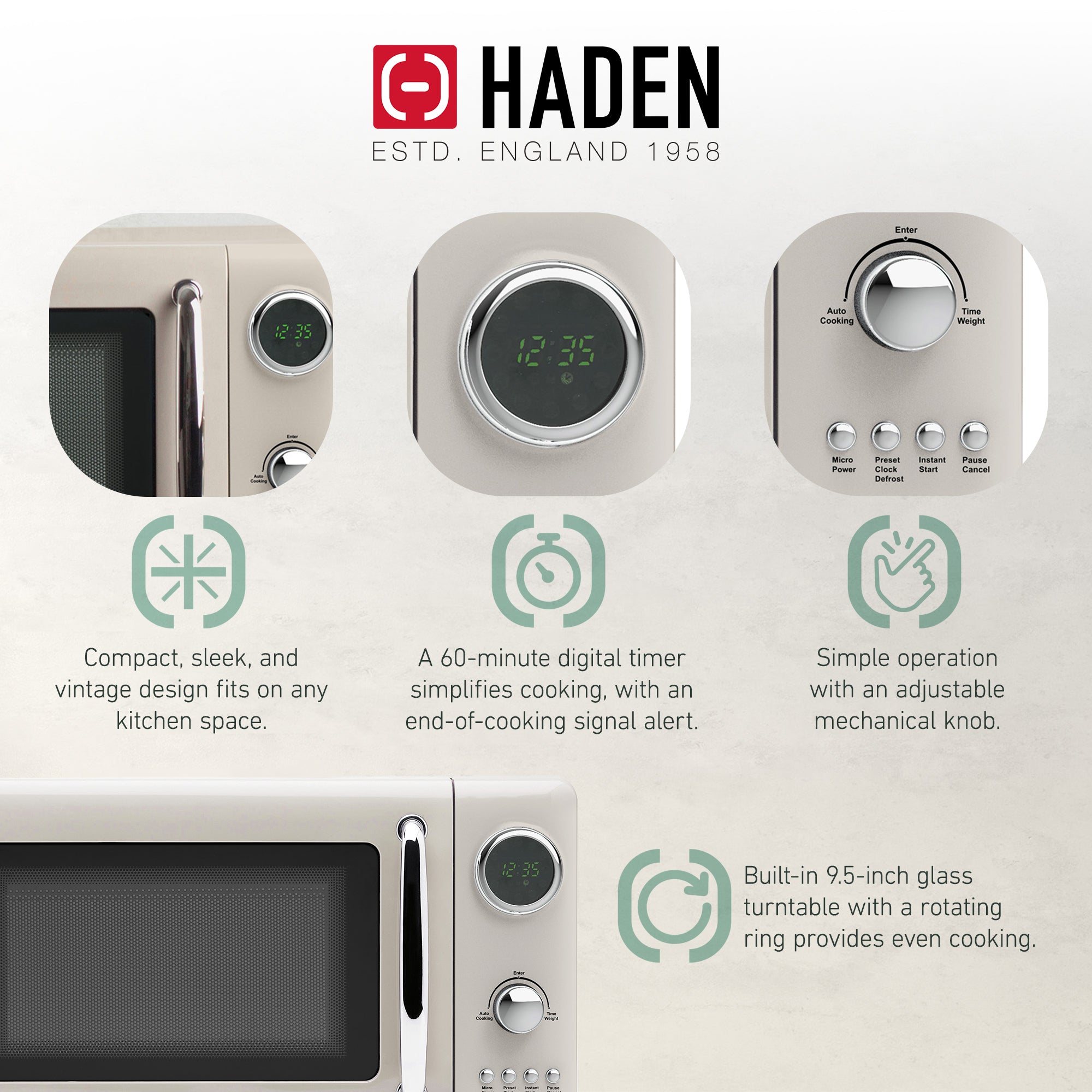 Haden 700 Watt 0.7 Cubic Foot Microwave Oven with Digital Controls, Putty/Chrome - Smart-nests