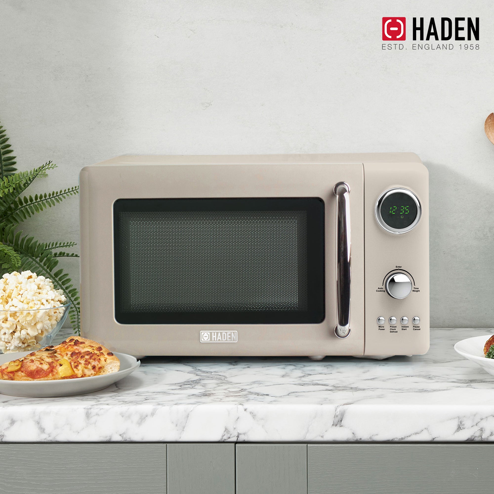 Haden 700 Watt 0.7 Cubic Foot Microwave Oven with Digital Controls, Putty/Chrome - Smart-nests