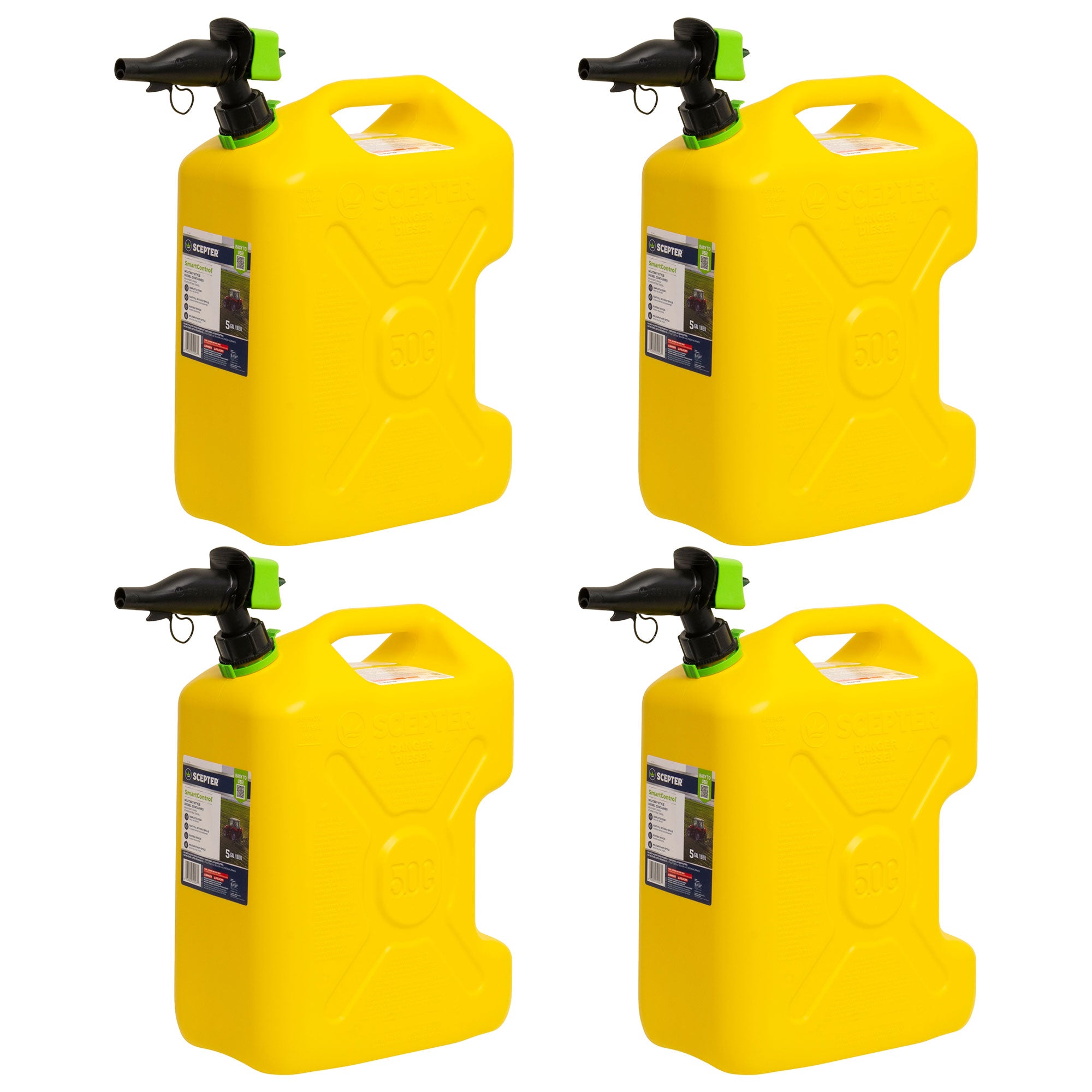 Scepter SmartControl Dual Handle Diesel Gas Container Jug, 5 Gal, 4 Pack, Yellow - Smart-nests