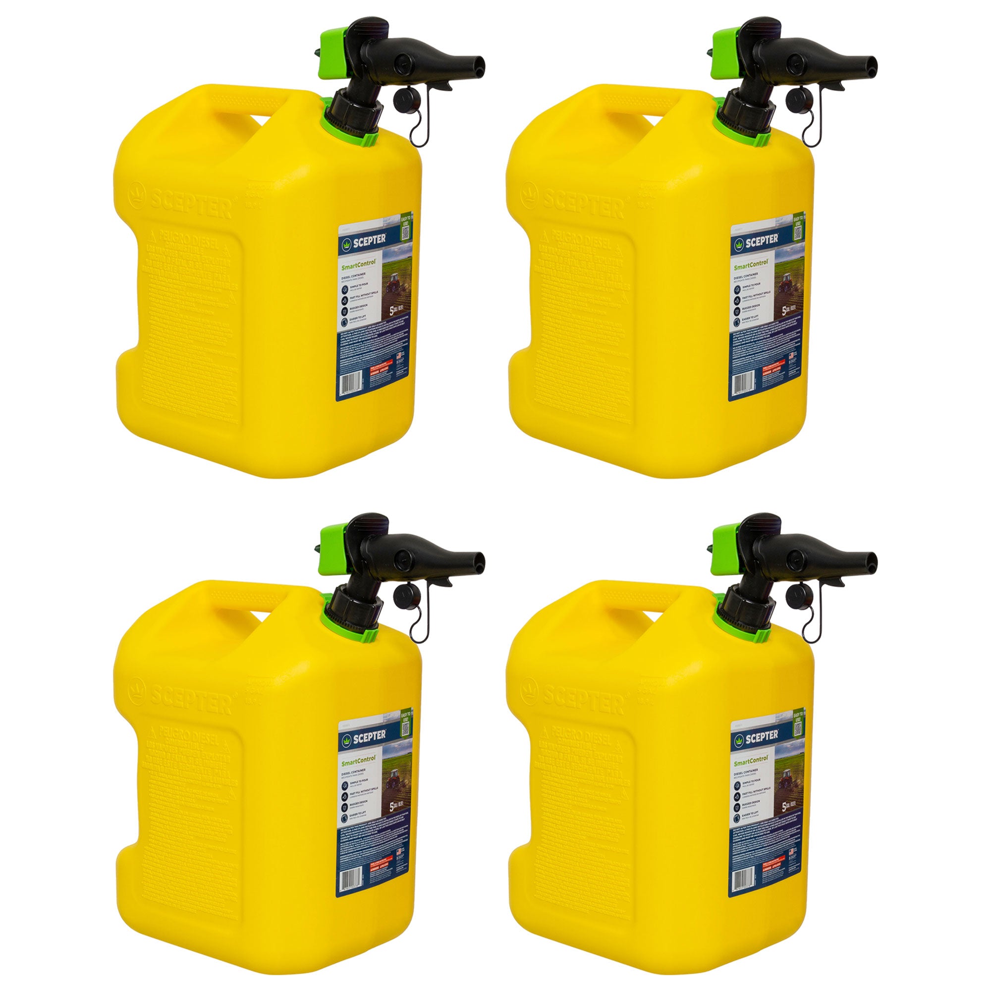 Scepter SmartControl Rear Handle Diesel Gas Jug, 5 Gal/18.9L, 4 Pack, Yellow - Smart-nests