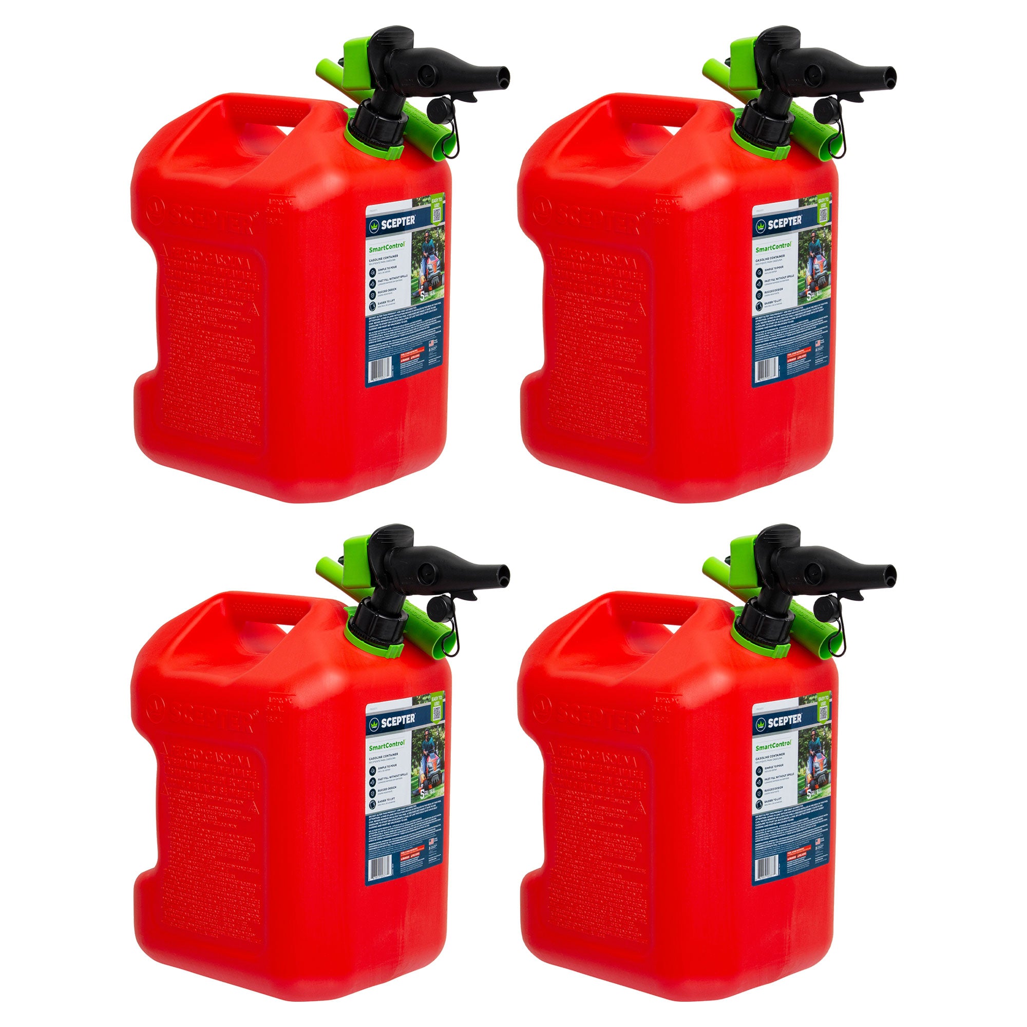 Scepter SmartControl Dual Handle 5 Gal Gasoline Can Jug with Funnel, 4 Pack, Red - Smart-nests