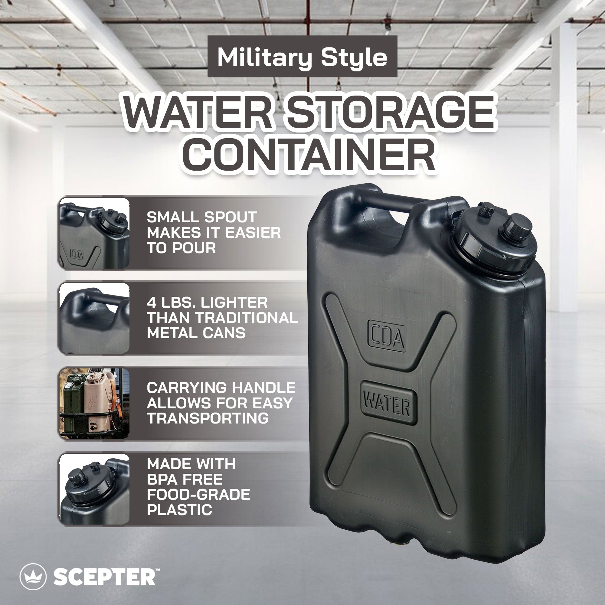 Scepter 5 Gallon Heavy Duty Military Style HDPE Water Container, (2 Pack), Black - Smart-nests