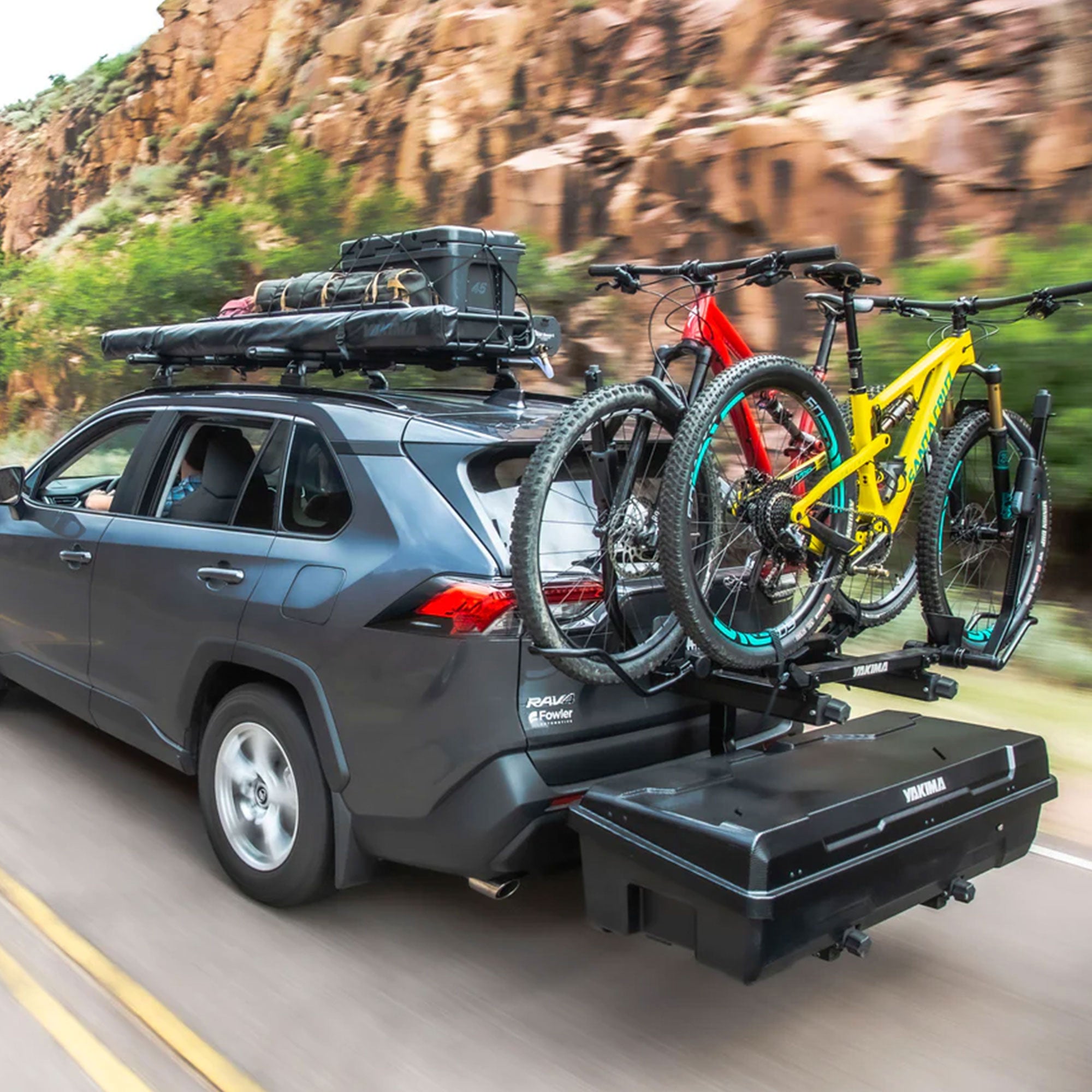 Yakima EXO SwingBase Hitch Base Rack with GearLocker Cargo Box and TopShelf Rack - Smart-nests