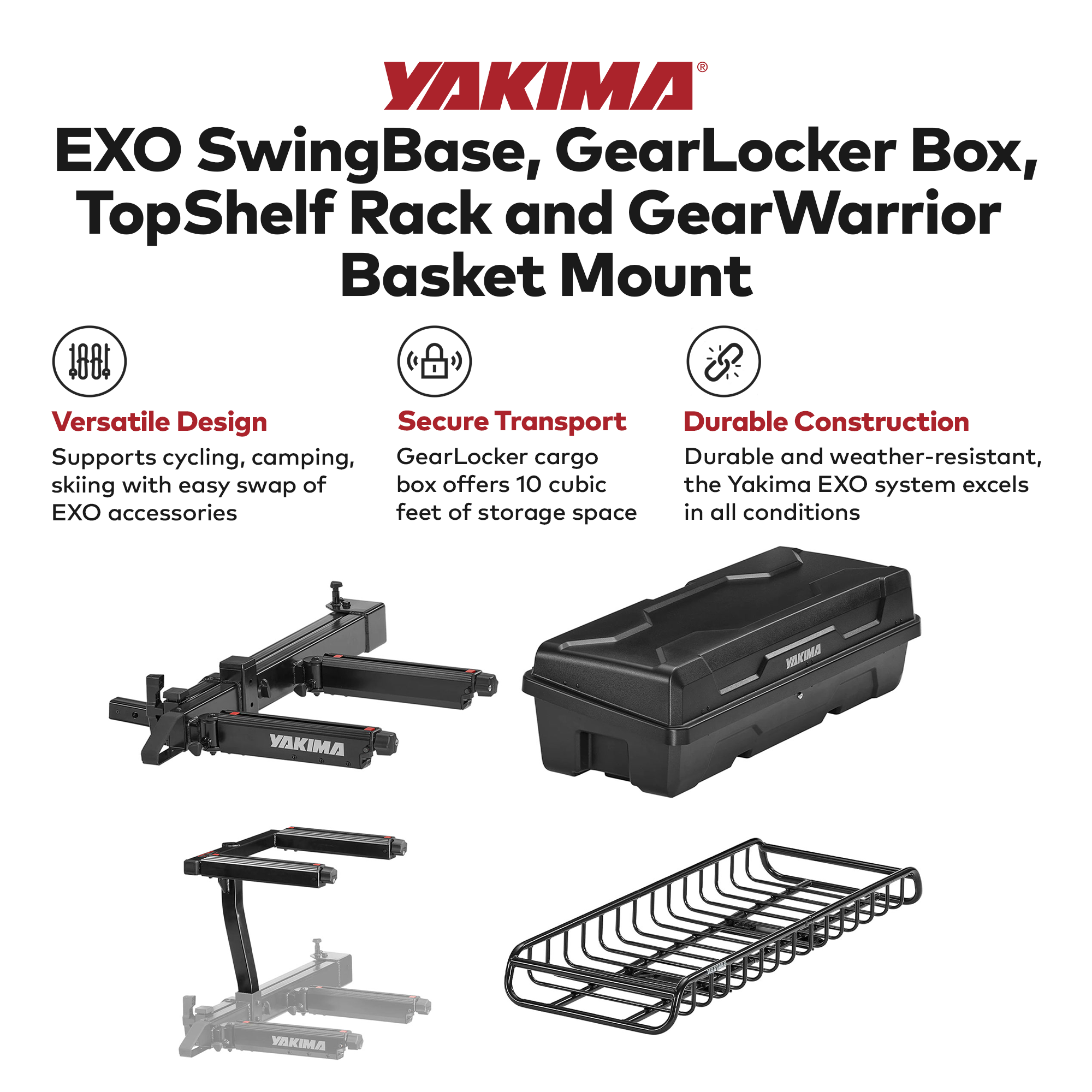 Yakima EXO SwingBase, GearLocker Box, TopShelf Rack and GearWarrior Basket Mount - Smart-nests