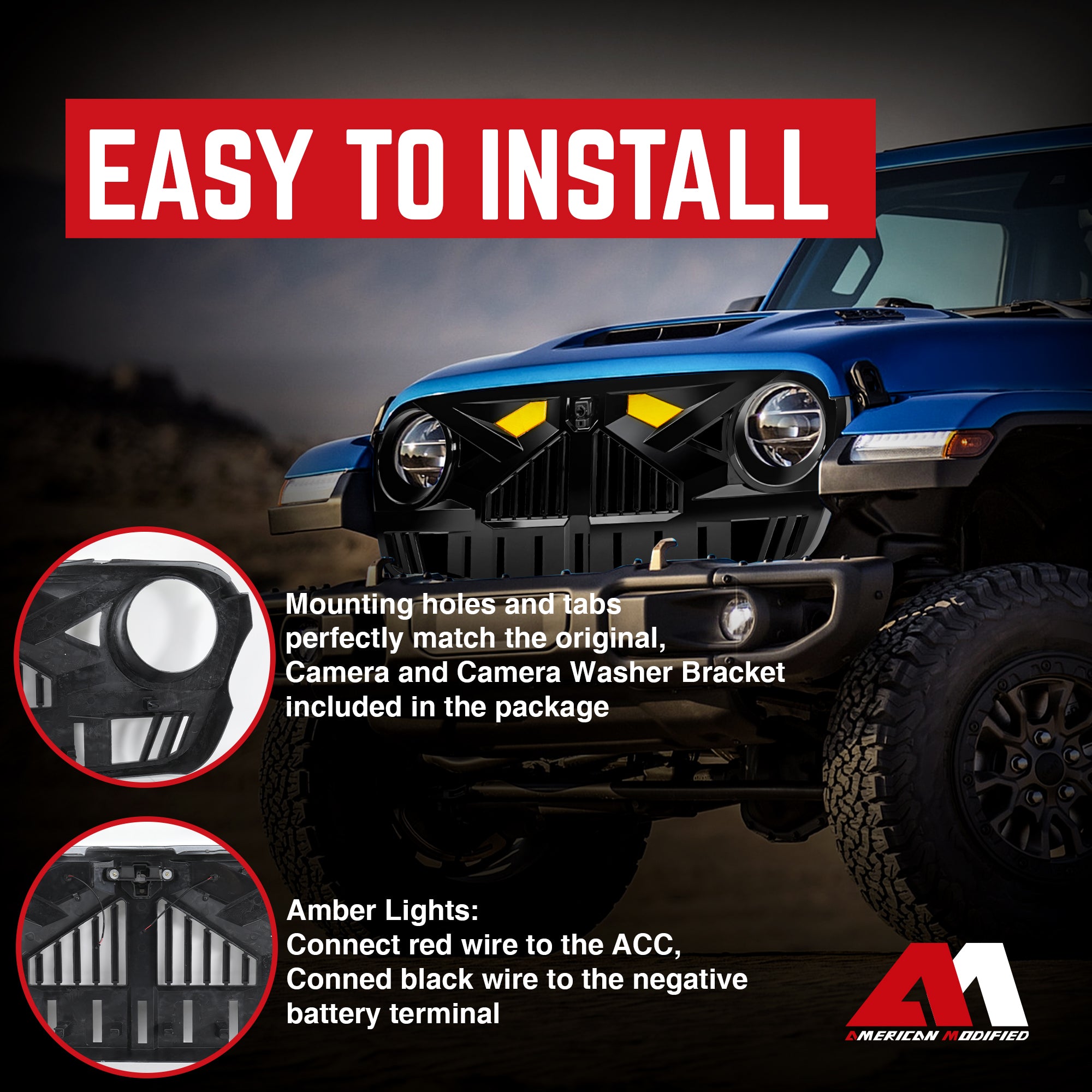 AMERICAN MODIFIED Grille for 2018-2023 Jeep Wrangler JL & Gladiator JT w/Camera - Smart-nests