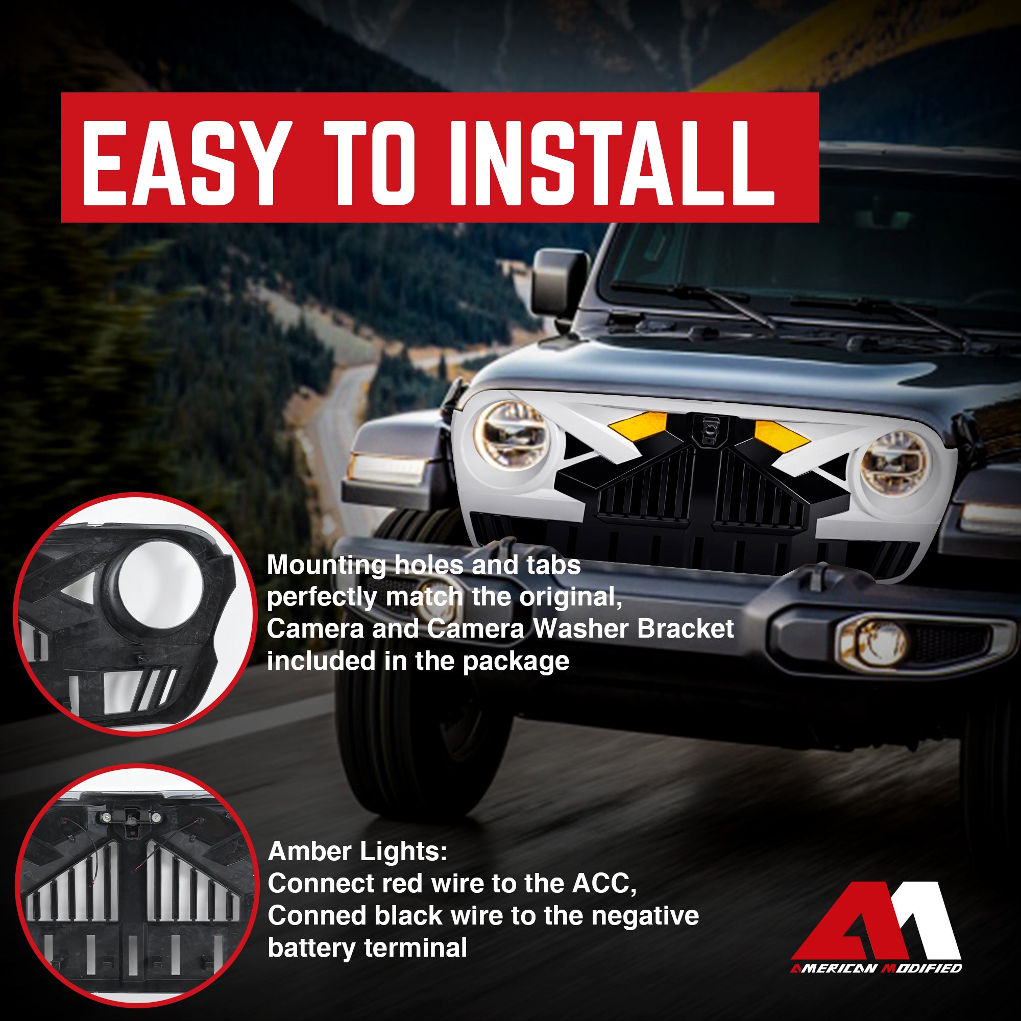 AMERICAN MODIFIED Grille for 2018+ Jeep Wrangler JL, 2020+ Gladiator JT w/Camera - Smart-nests