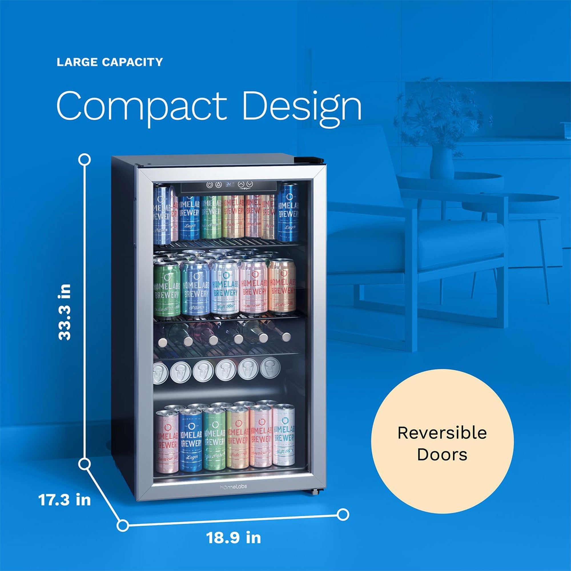 hOmeLabs 120 Can Beverage Refrigerator Cooler Glass Door Mini Fridge, 3.2 Cu Ft - Smart-nests