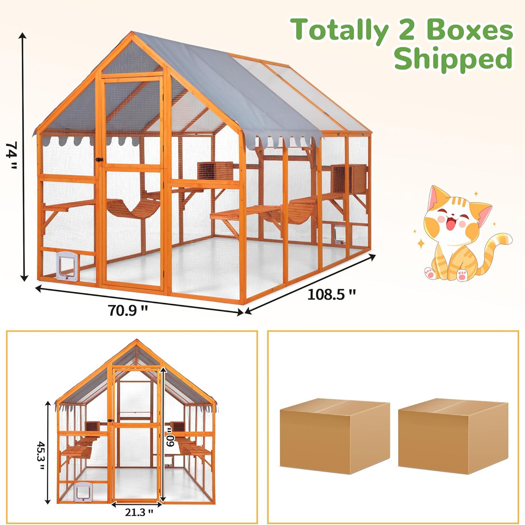 COZIWOW Large Catio Outdoor Cat Enclosure w/Cover, Window, 53.5 sq ft, Orange - Smart-nests
