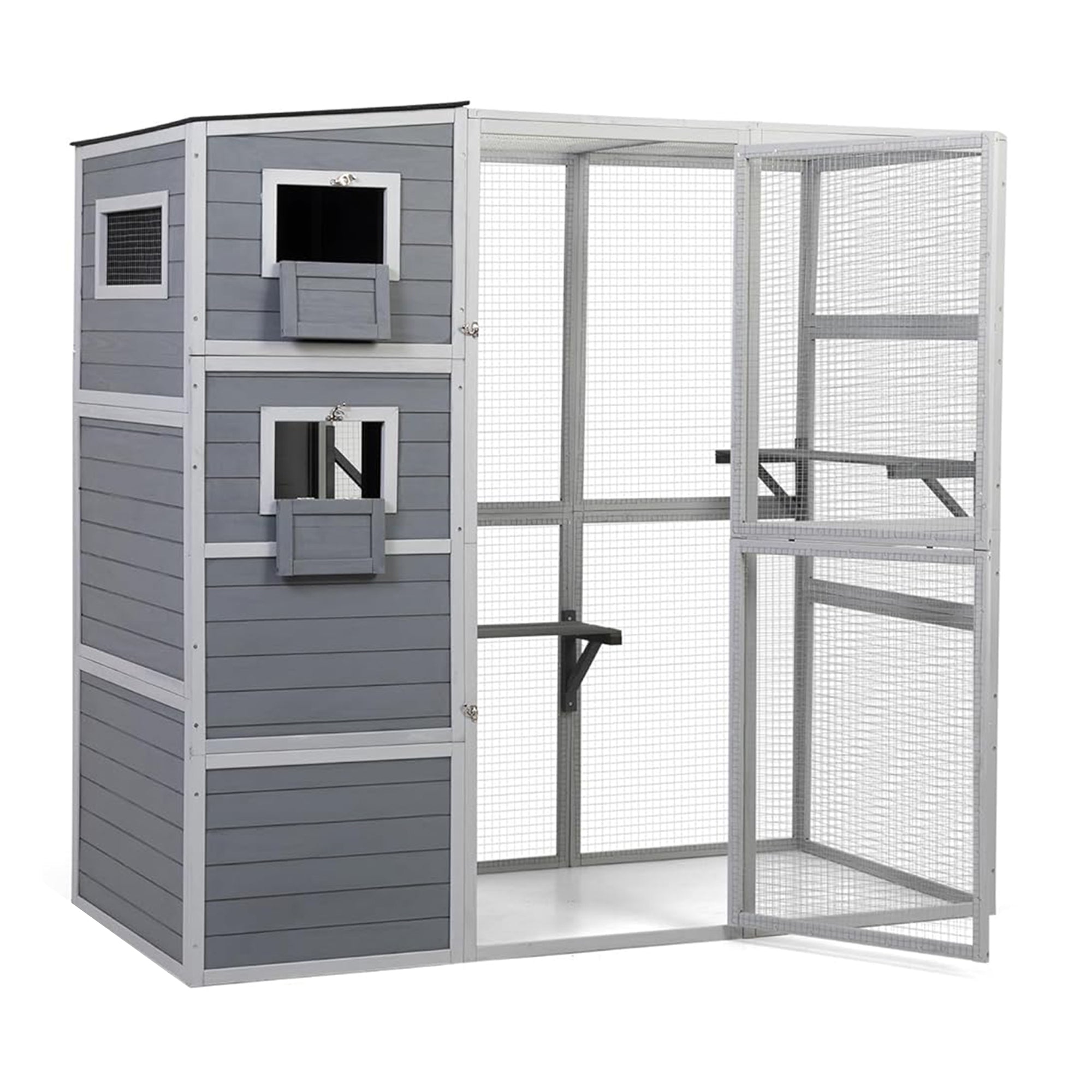 COZIWOW Large Outdoor Cat Catio, 4-Tier Enclosure with 2 Resting Rooms, Grey - Smart-nests