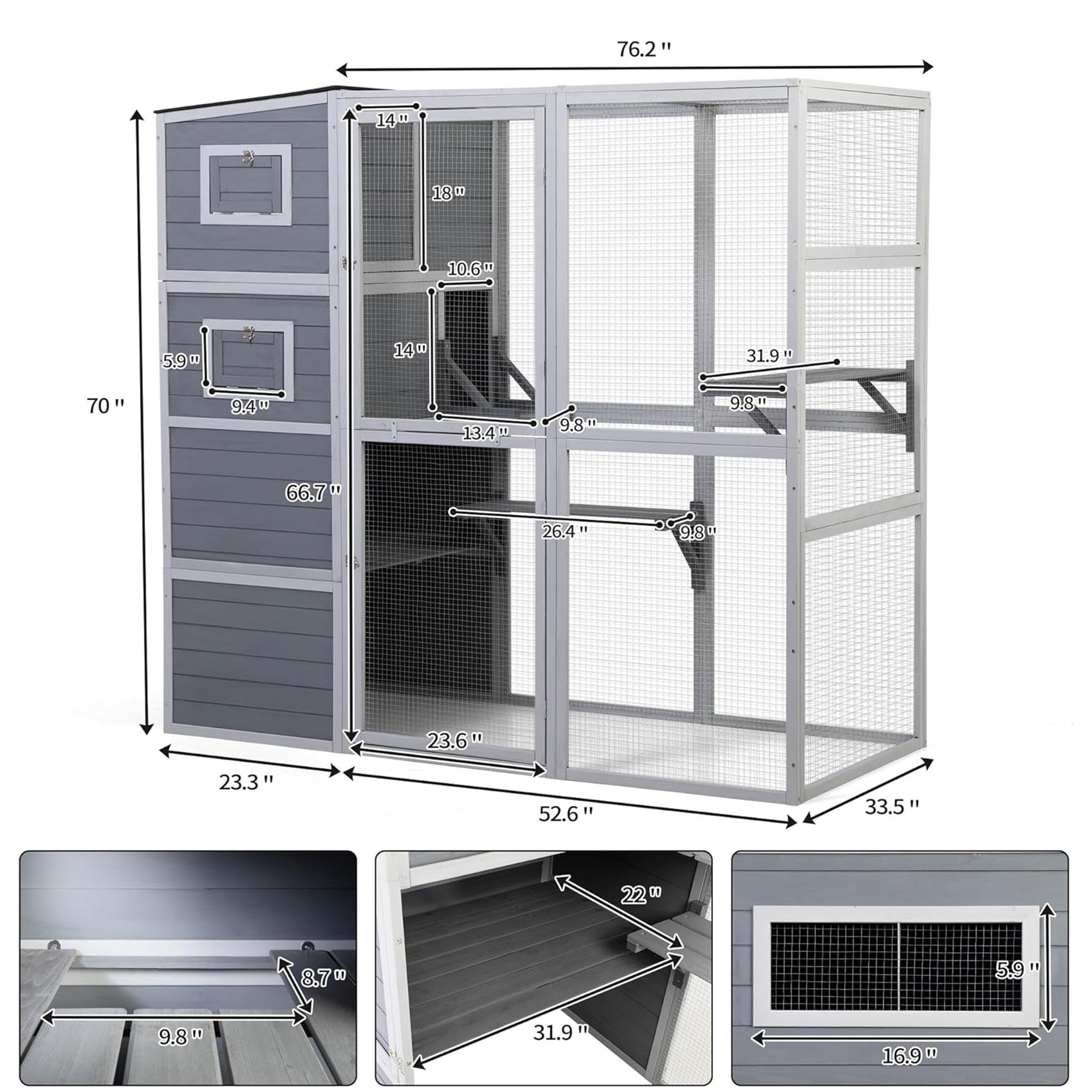 COZIWOW Large Outdoor Cat Catio, 4-Tier Enclosure with 2 Resting Rooms, Grey - Smart-nests