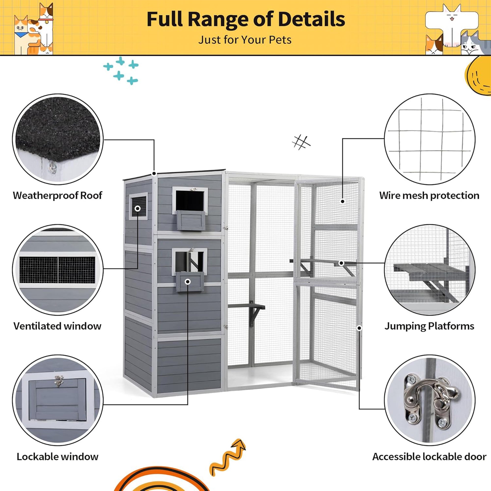 COZIWOW Large Outdoor Cat Catio, 4-Tier Enclosure with 2 Resting Rooms, Grey - Smart-nests