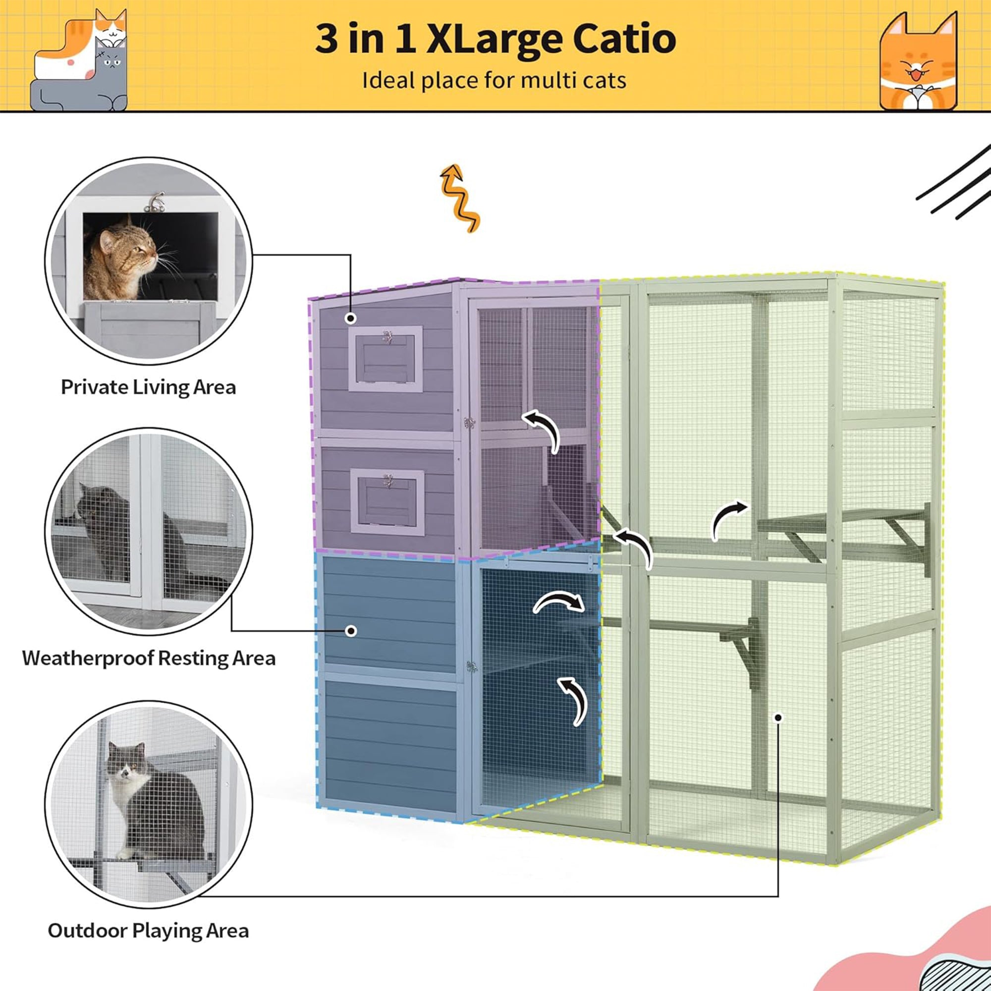 COZIWOW Large Outdoor Cat Catio, 4-Tier Enclosure with 2 Resting Rooms, Grey - Smart-nests