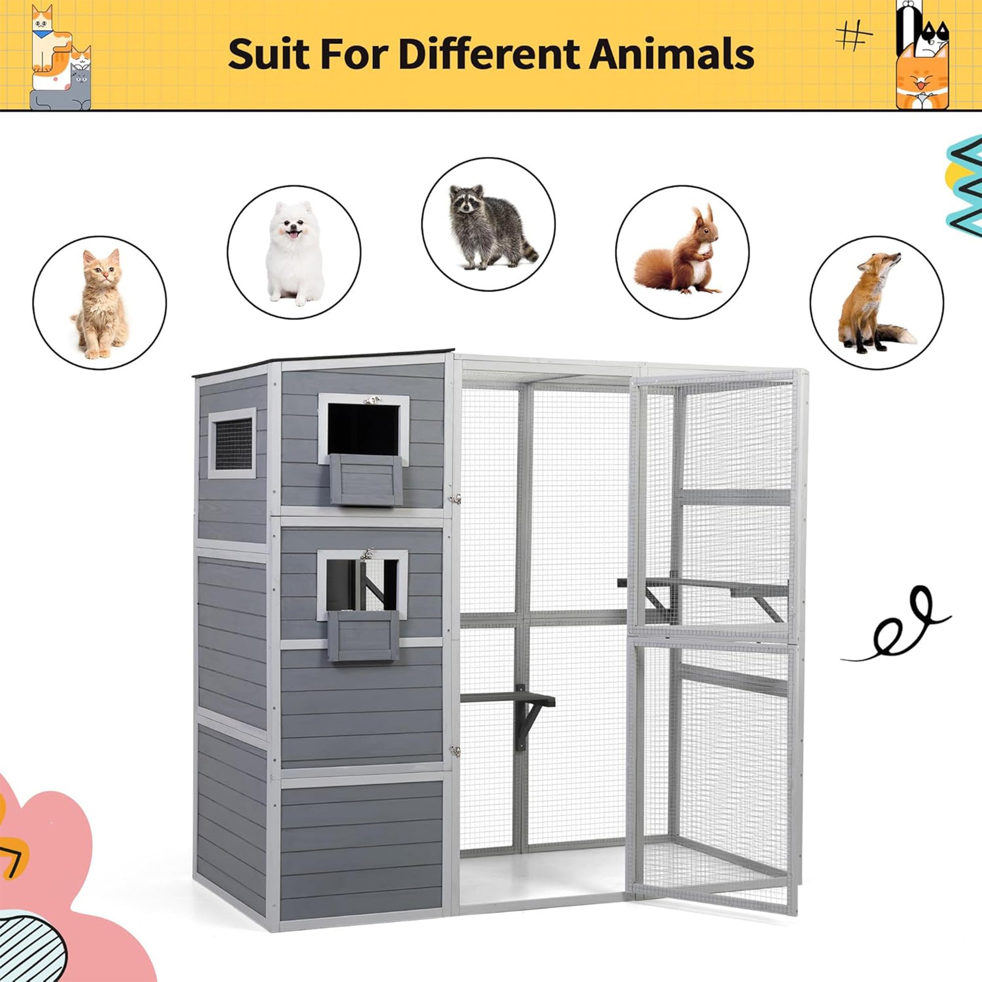 COZIWOW Large Outdoor Cat Catio, 4-Tier Enclosure with 2 Resting Rooms, Grey - Smart-nests