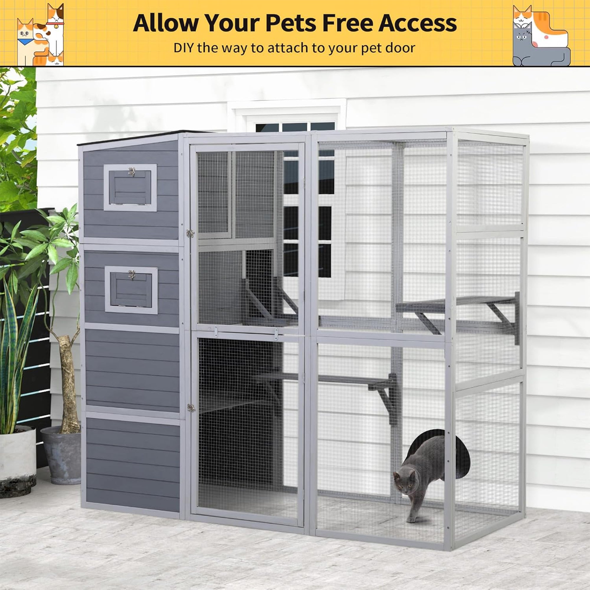 COZIWOW Large Outdoor Cat Catio, 4-Tier Enclosure with 2 Resting Rooms, Grey - Smart-nests