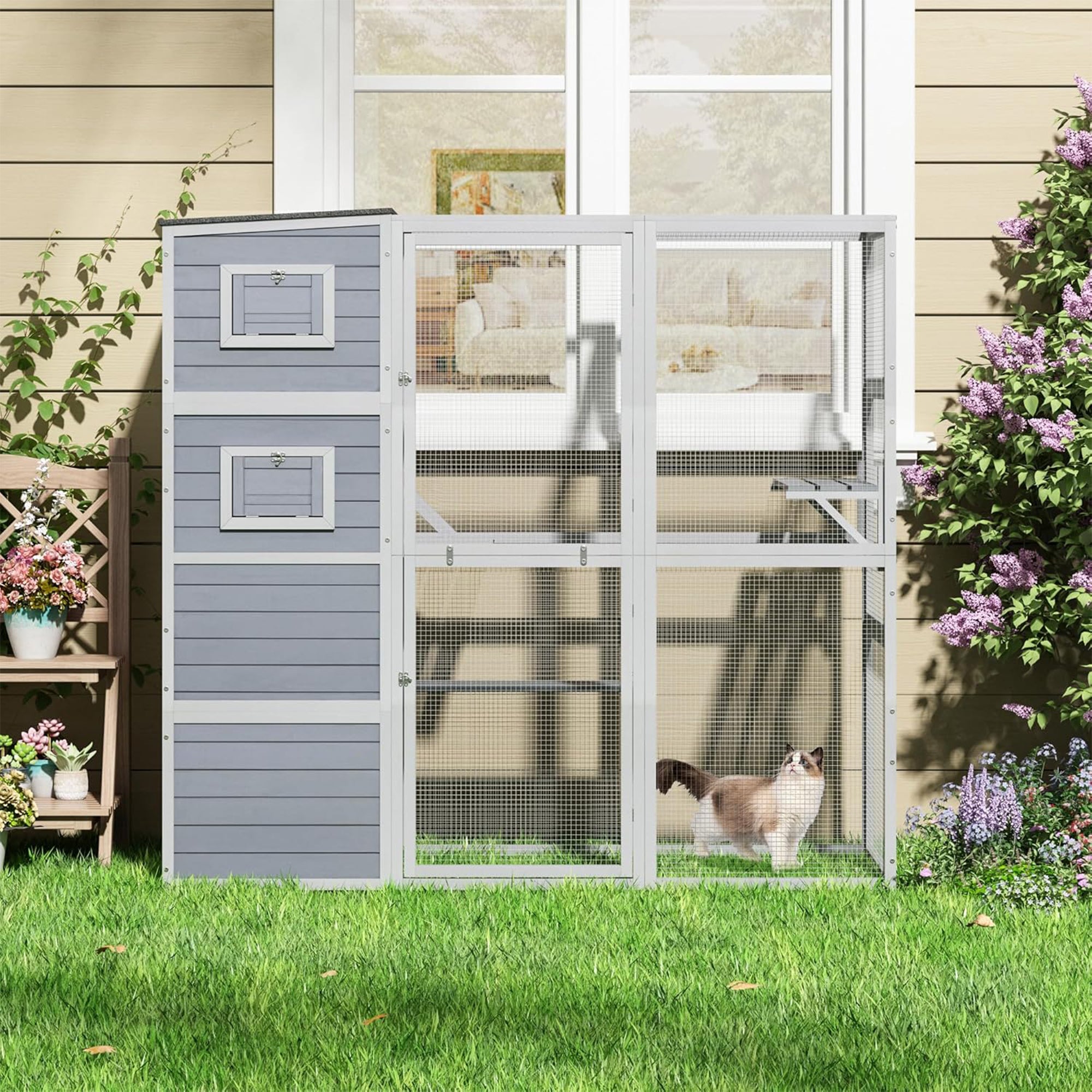 COZIWOW Large Outdoor Cat Catio, 4-Tier Enclosure with 2 Resting Rooms, Grey - Smart-nests