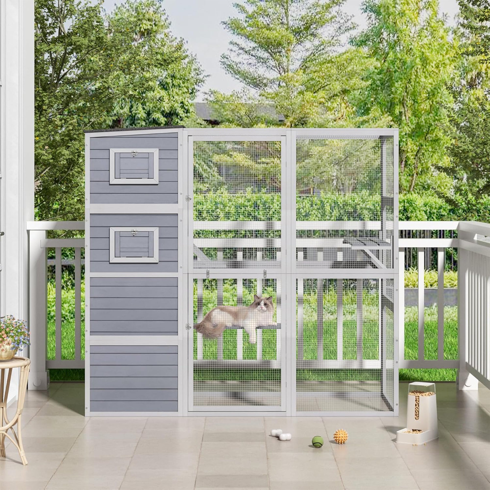 COZIWOW Large Outdoor Cat Catio, 4-Tier Enclosure with 2 Resting Rooms, Grey - Smart-nests