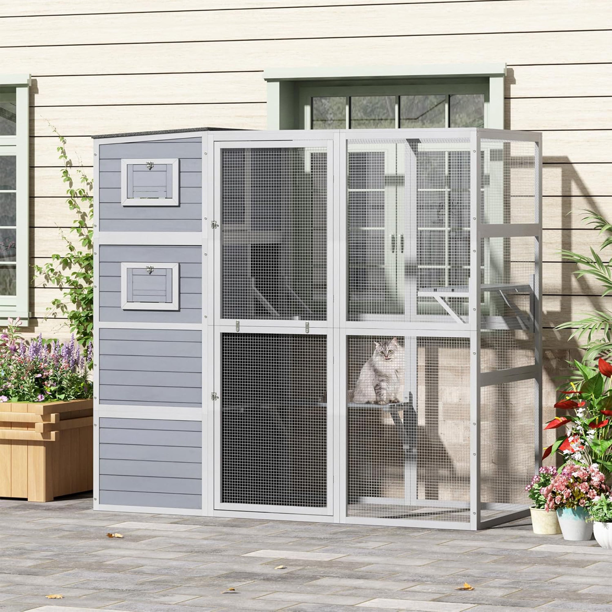 COZIWOW Large Outdoor Cat Catio, 4-Tier Enclosure with 2 Resting Rooms, Grey - Smart-nests