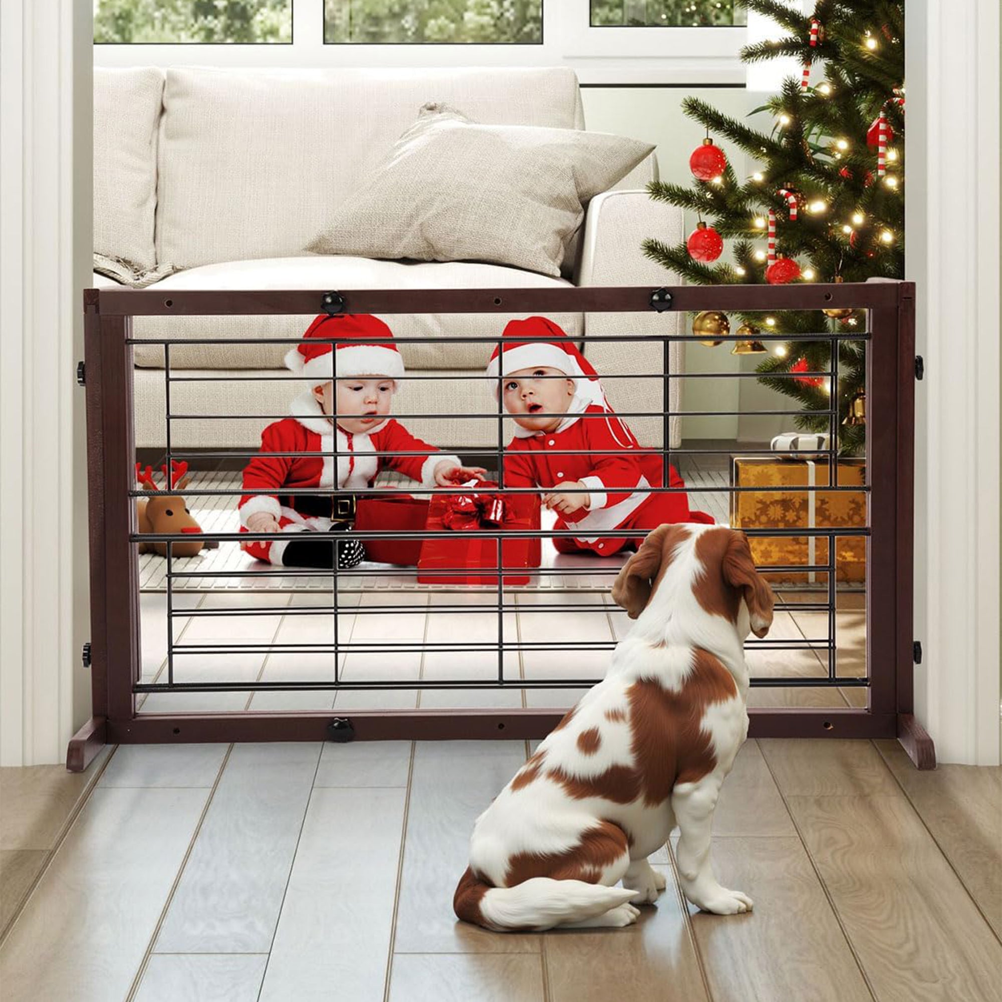 COZIWOW Freestanding Dog Gate Indoor with Side Panels for Stairs, 71 In, Brown - Smart-nests