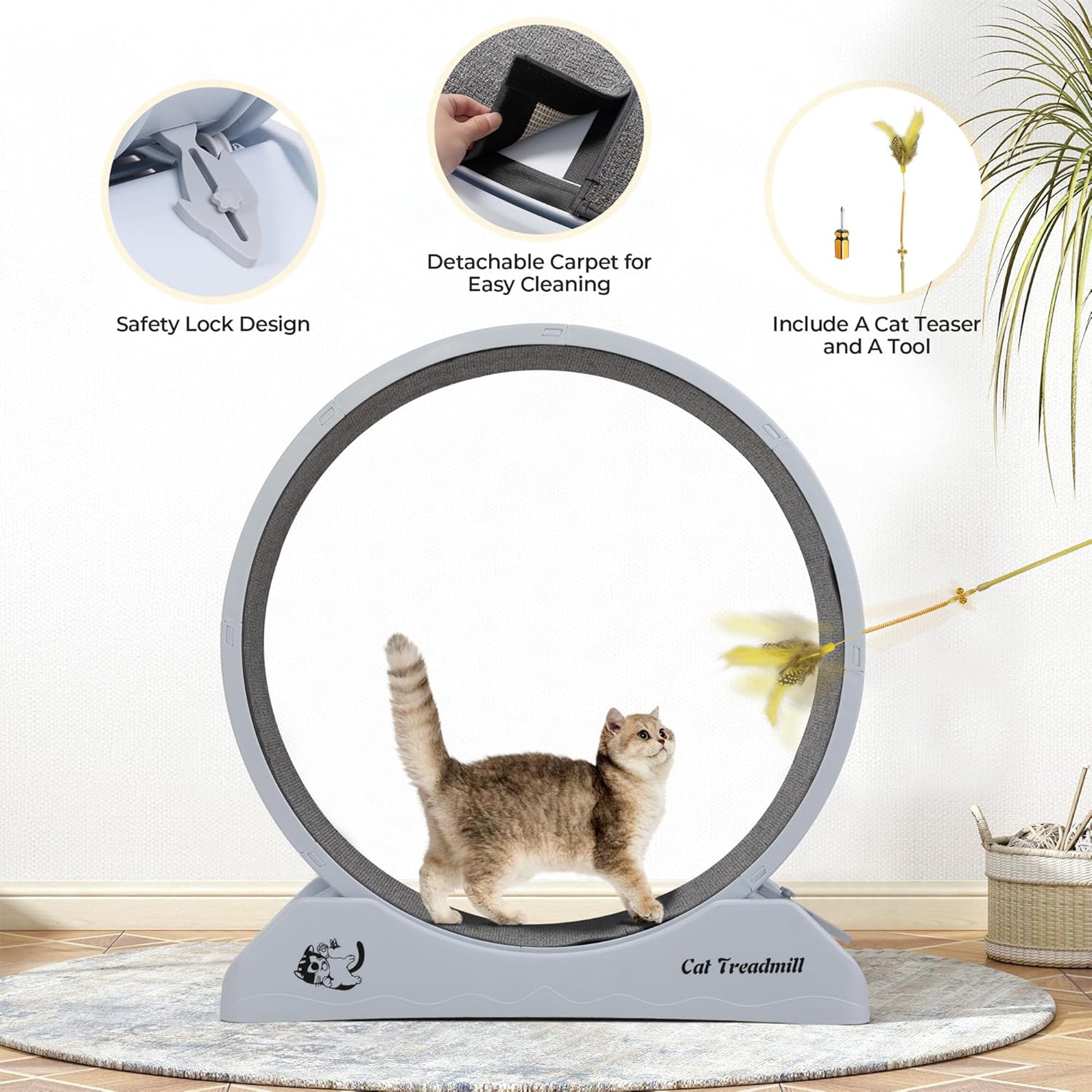 COZIWOW 31.5” Lockable Cat Exercise Wheel with Removable Carpet, Light Grey - Smart-nests