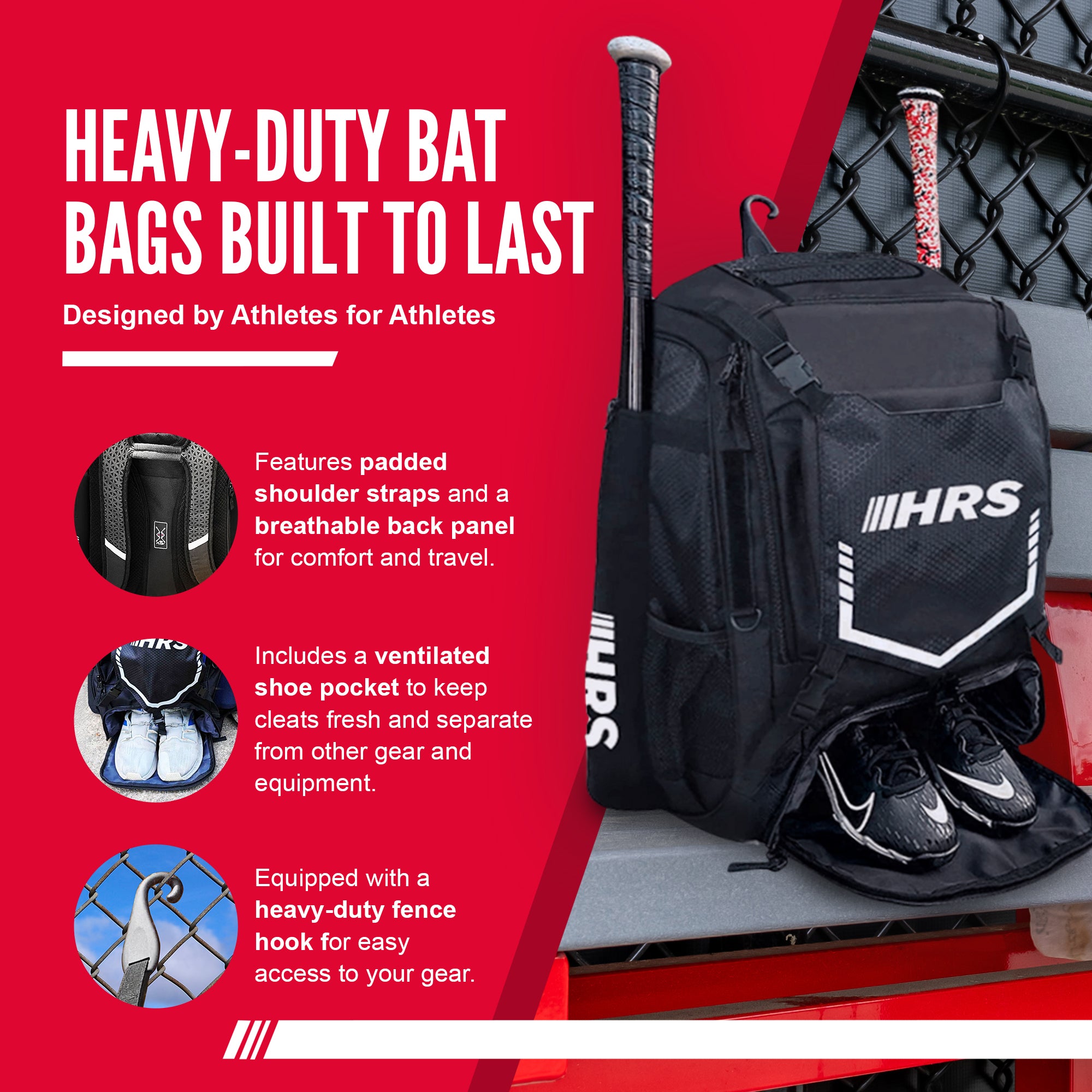 Hit Run Steal Bat Bag Backpack, Holds up to 4 Bats, Glove, and Helmet, Black - Smart-nests
