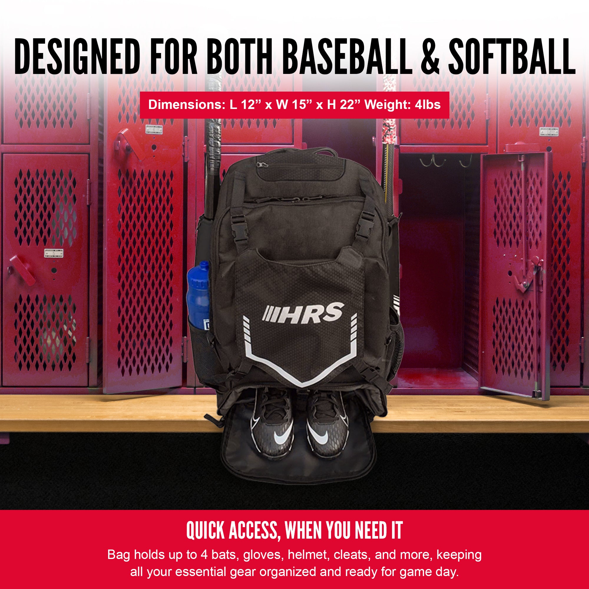 Hit Run Steal Bat Bag Backpack, Holds up to 4 Bats, Glove, and Helmet, Black - Smart-nests