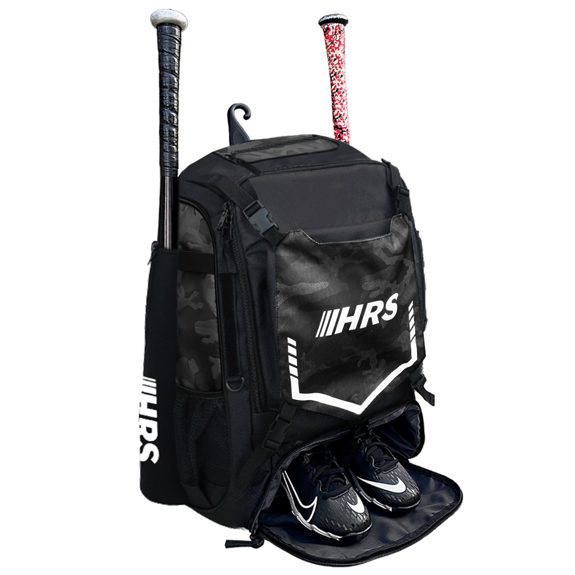 Hit Run Steal Bat Bag Backpack, Holds 4 Bats, Glove, and Helmet, Black Camo - Smart-nests