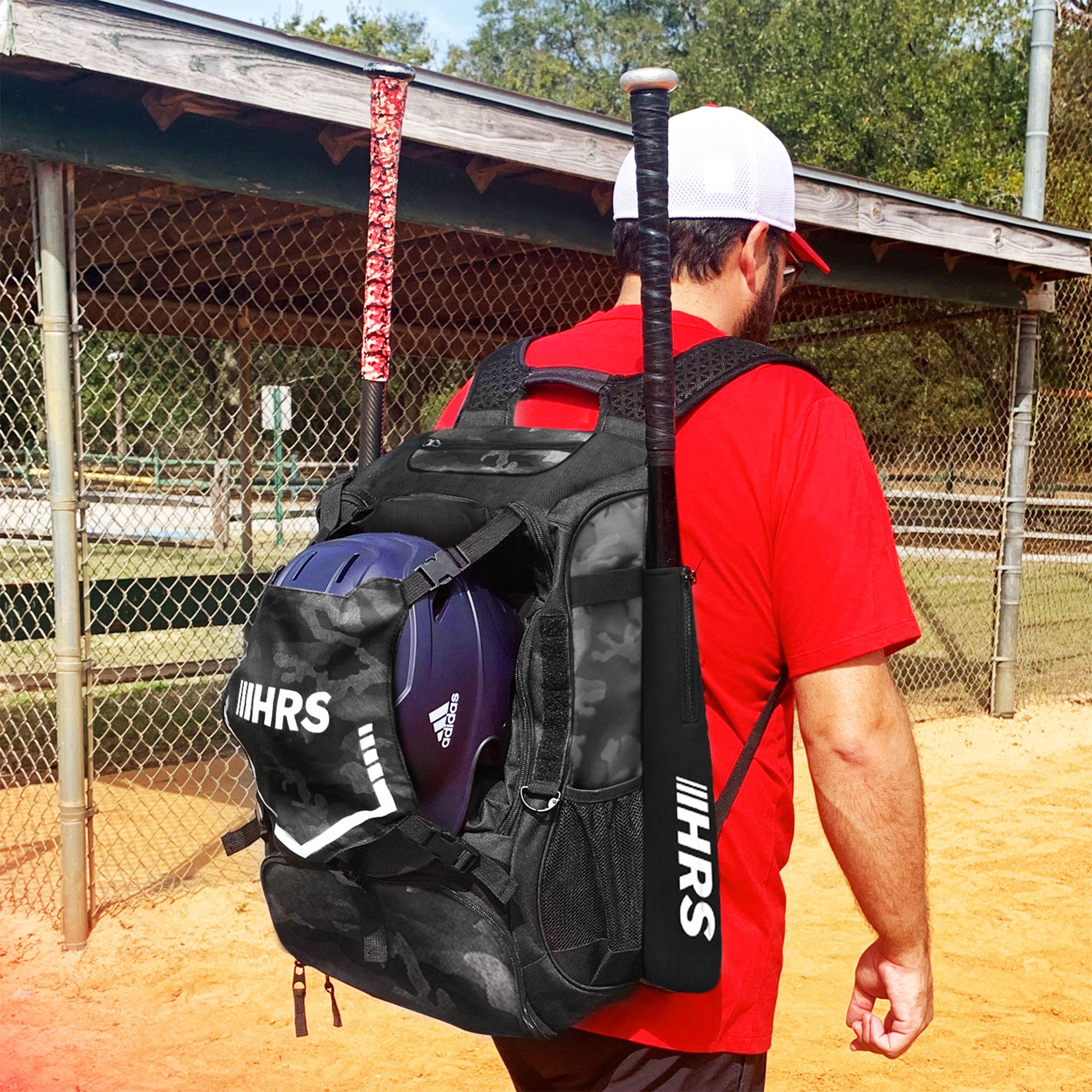 Hit Run Steal Bat Bag Backpack, Holds 4 Bats, Glove, and Helmet, Black Camo - Smart-nests