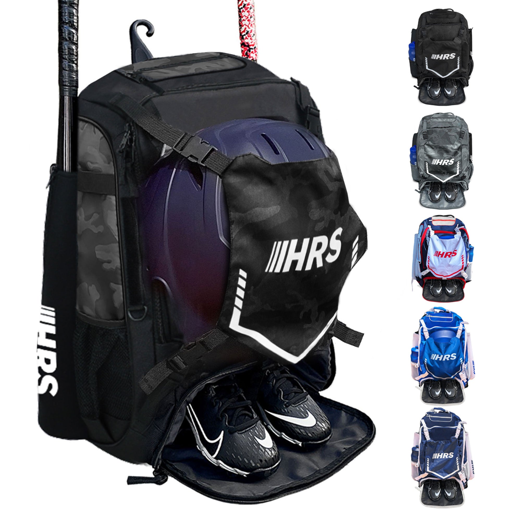 Hit Run Steal Bat Bag Backpack, Holds 4 Bats, Glove, and Helmet, Black Camo - Smart-nests