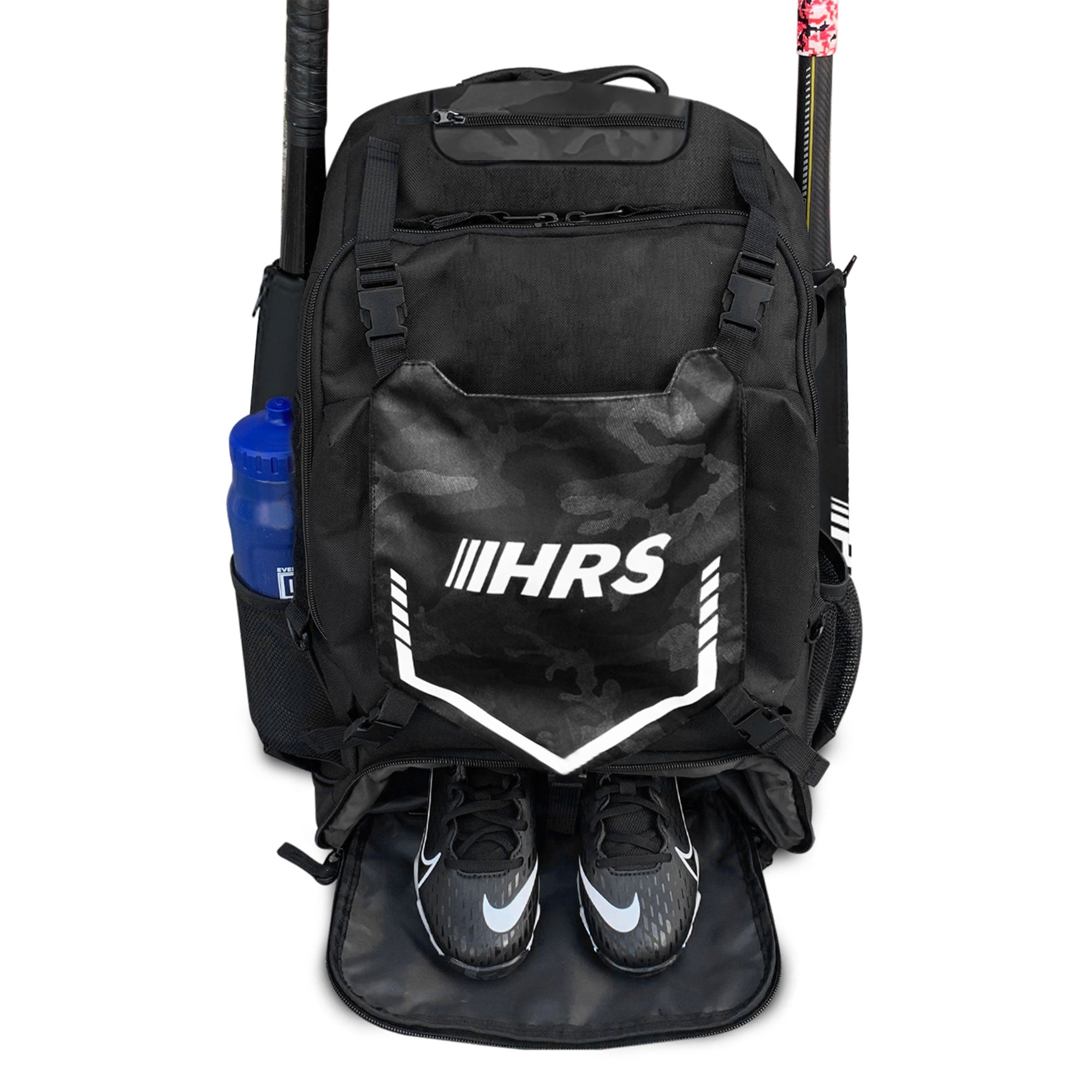 Hit Run Steal Bat Bag Backpack, Holds 4 Bats, Glove, and Helmet, Black Camo - Smart-nests