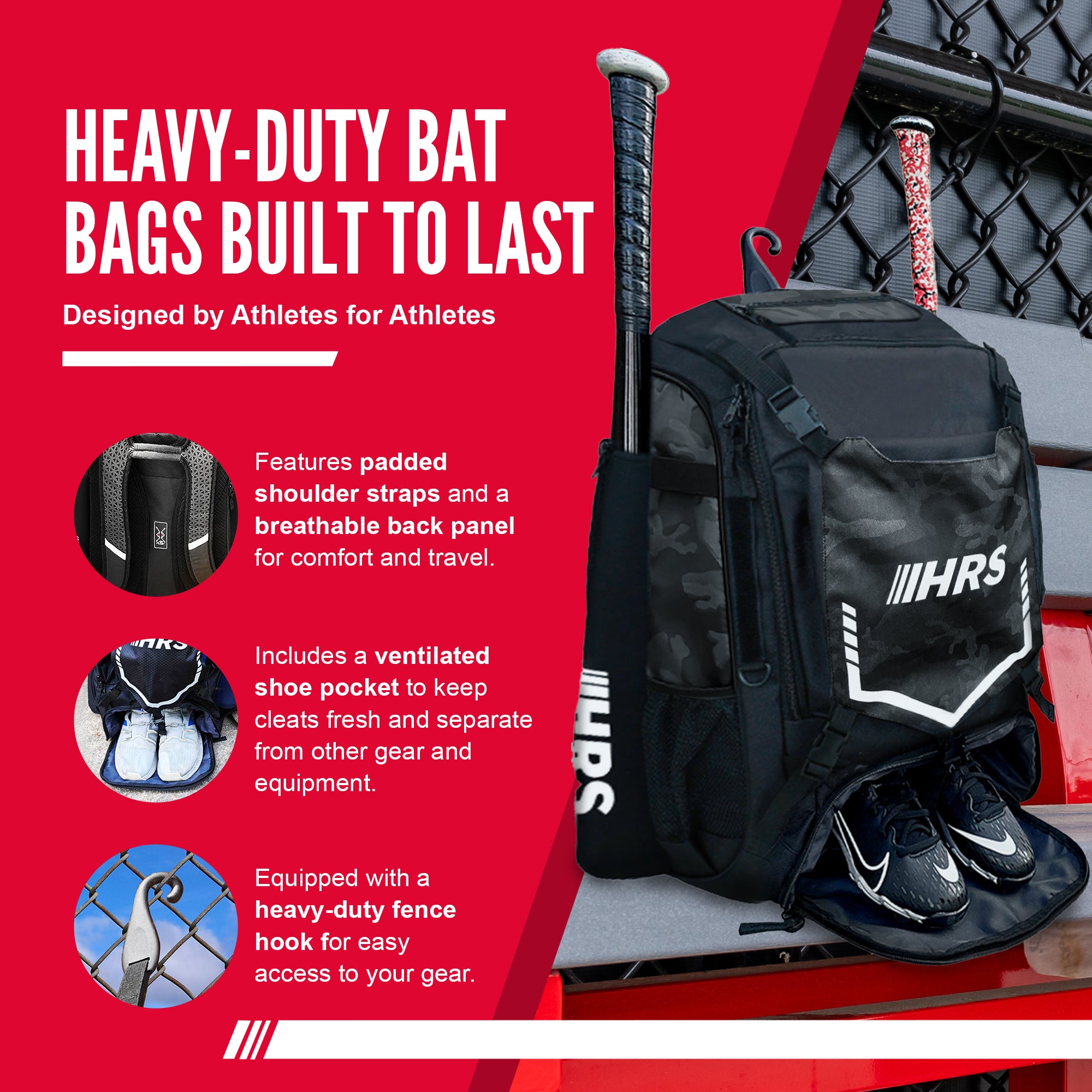 Hit Run Steal Bat Bag Backpack, Holds 4 Bats, Glove, and Helmet, Black Camo - Smart-nests
