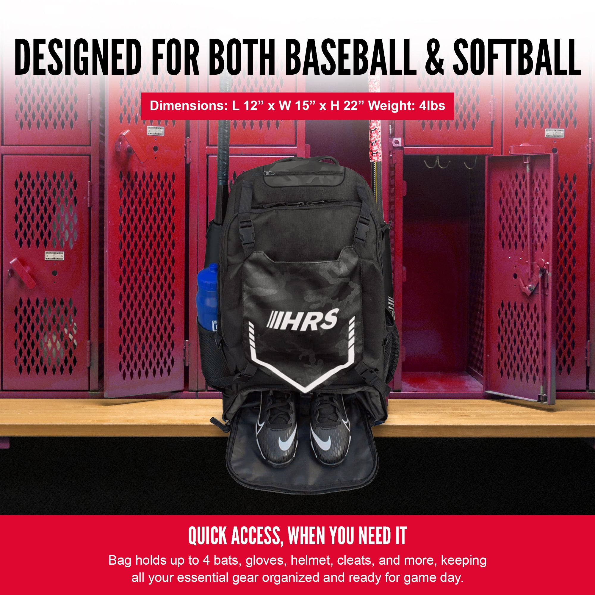 Hit Run Steal Bat Bag Backpack, Holds 4 Bats, Glove, and Helmet, Black Camo - Smart-nests