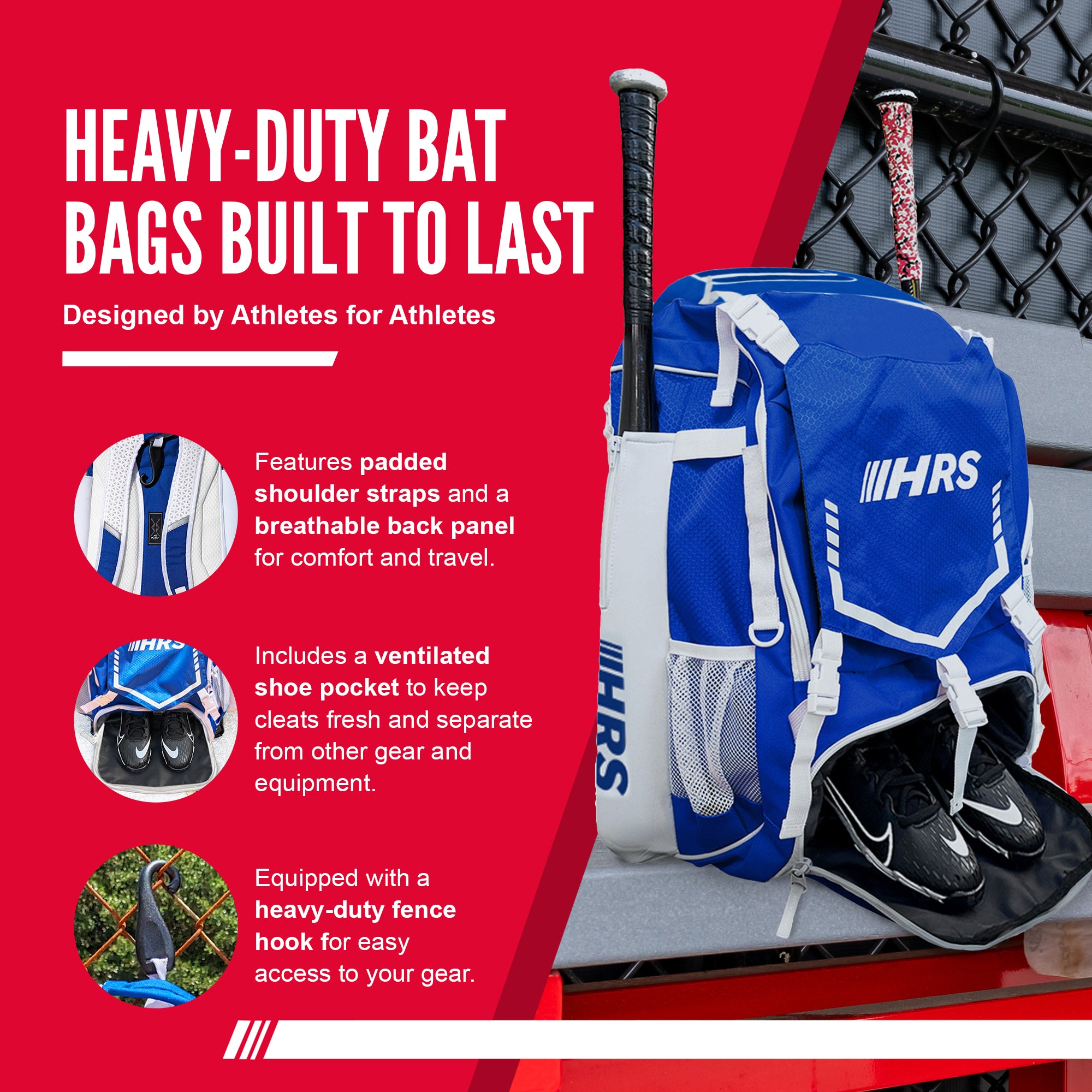 Hit Run Steal Bat Bag Backpack, Holds 4 Bats, Glove, and Helmet, Royal Blue - Smart-nests