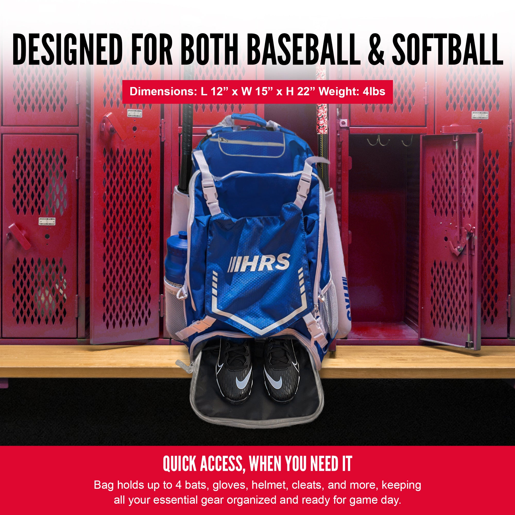 Hit Run Steal Bat Bag Backpack, Holds 4 Bats, Glove, and Helmet, Royal Blue - Smart-nests