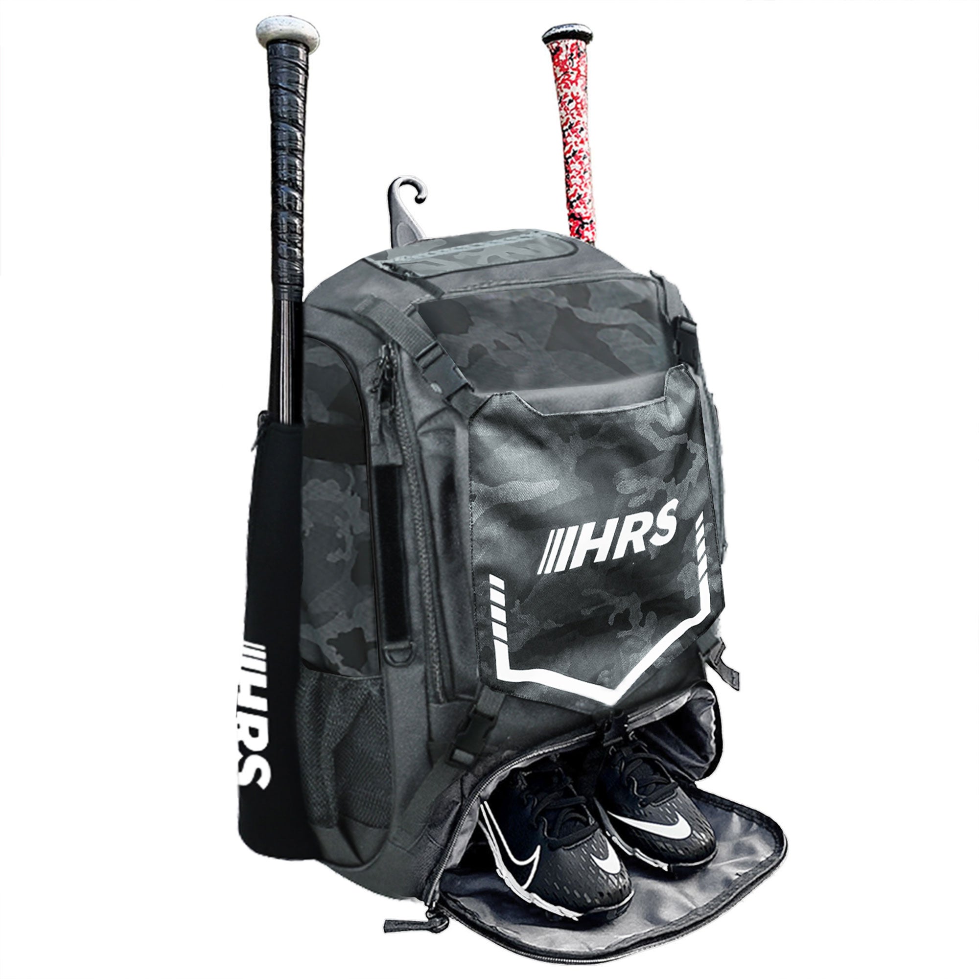 Hit Run Steal Bat Bag Backpack, Holds up to 4 Bats, Glove, and Helmet, Gray Camo - Smart-nests