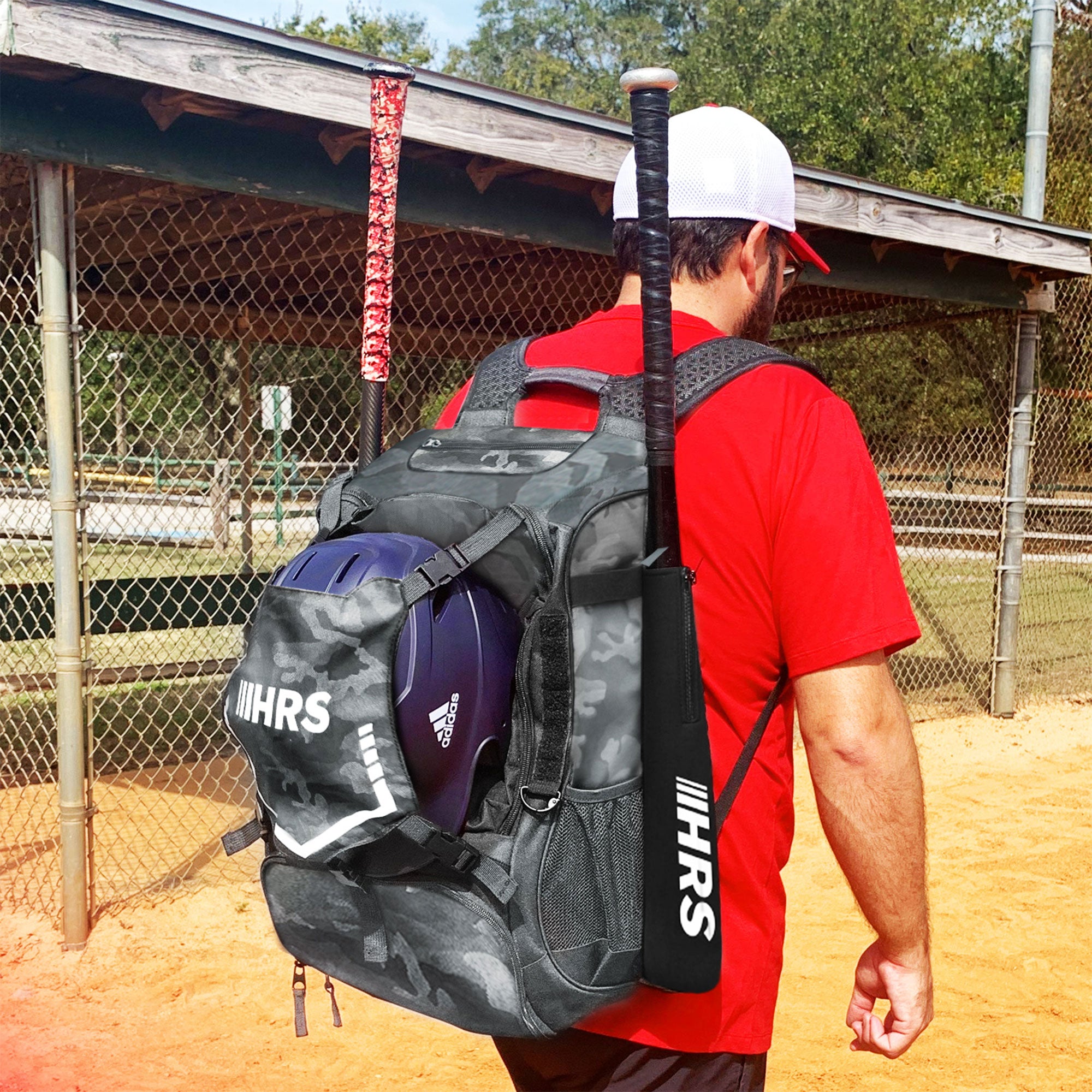 Hit Run Steal Bat Bag Backpack, Holds up to 4 Bats, Glove, and Helmet, Gray Camo - Smart-nests