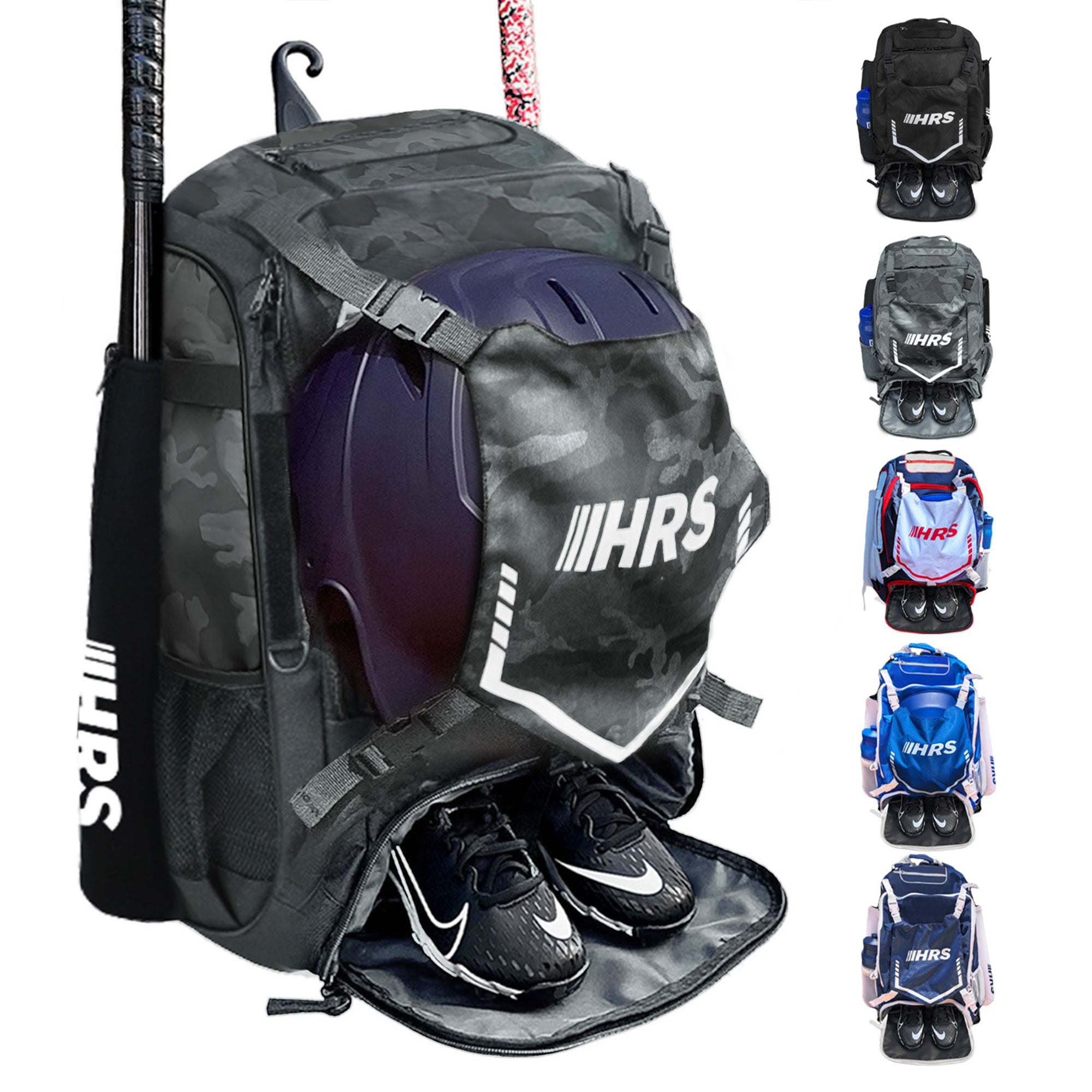Hit Run Steal Bat Bag Backpack, Holds up to 4 Bats, Glove, and Helmet, Gray Camo - Smart-nests