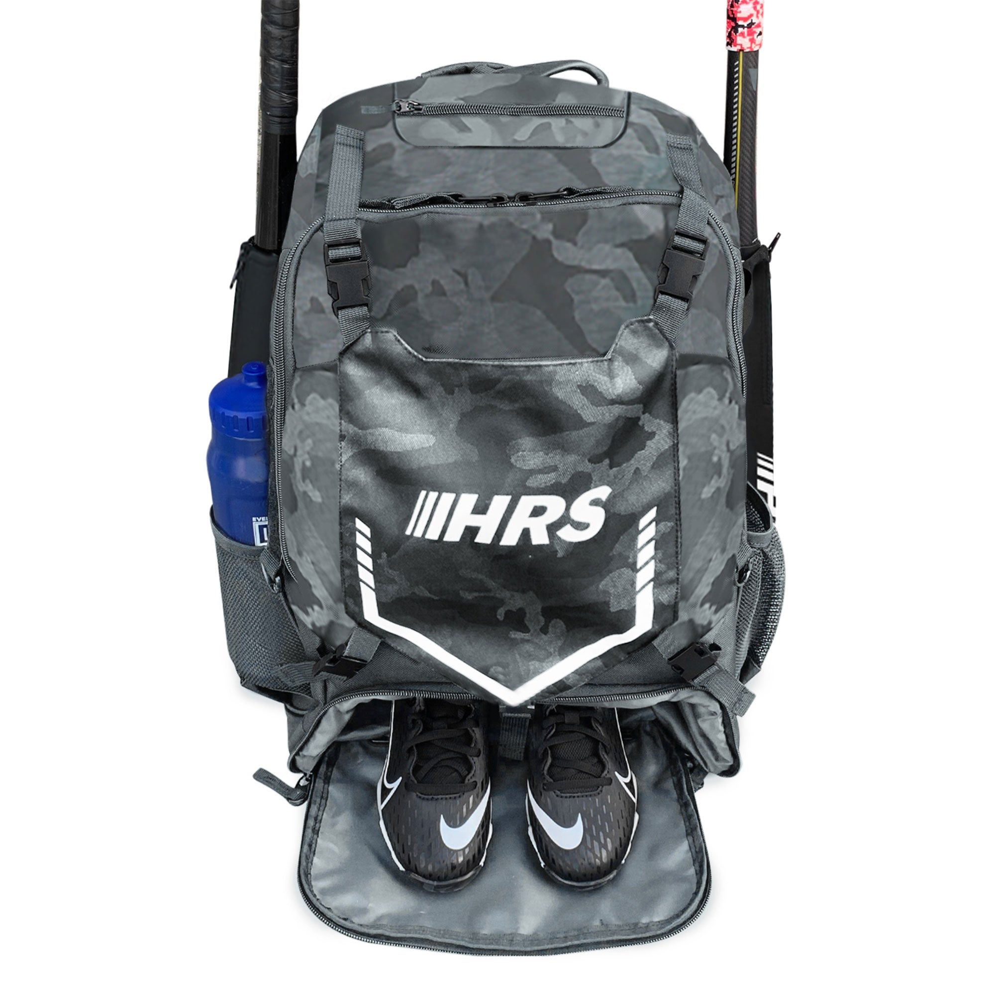 Hit Run Steal Bat Bag Backpack, Holds up to 4 Bats, Glove, and Helmet, Gray Camo - Smart-nests