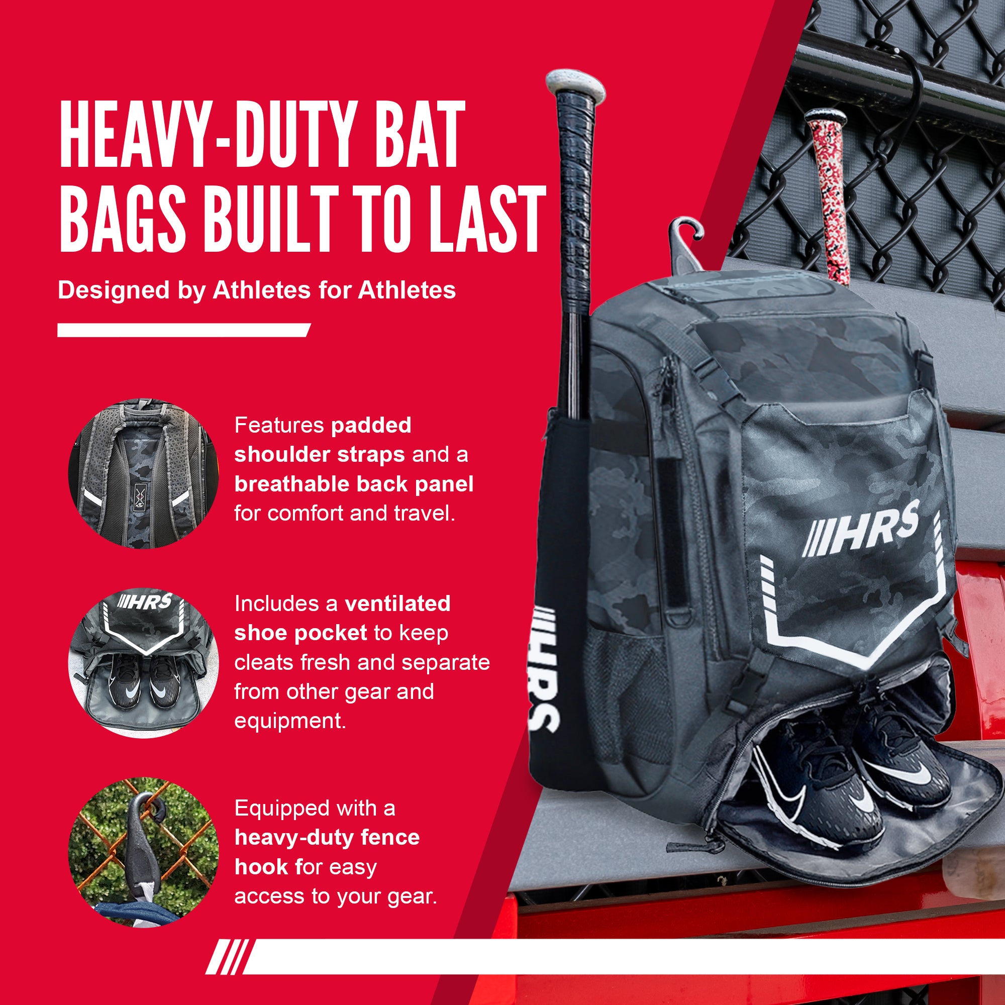 Hit Run Steal Bat Bag Backpack, Holds up to 4 Bats, Glove, and Helmet, Gray Camo - Smart-nests