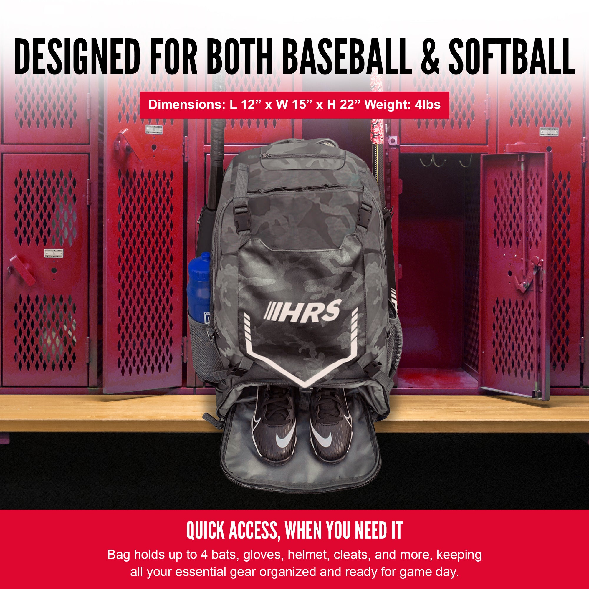 Hit Run Steal Bat Bag Backpack, Holds up to 4 Bats, Glove, and Helmet, Gray Camo - Smart-nests